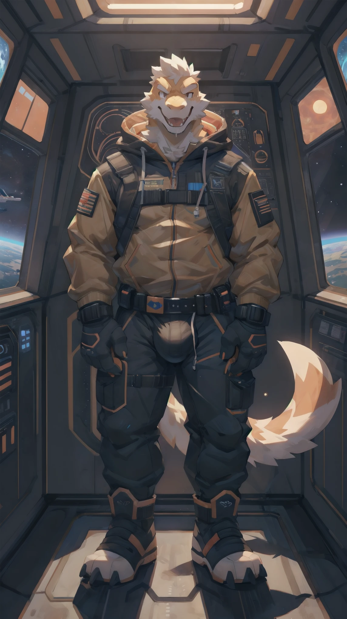 Solo, male, legs spread open, pulling pants down, by bigcozyorca, by goonie-san, by bebebebebe, by spikedmauler, facing viewer, black, black tyrannosaurus, bushy tail, buff, spacesuit, pulling pants down, showing off bulge, showing off, space observation deck background, open mouth, detailed mouth, tongue hanging out, drooling, smirking, eductive smile, lustful grin, bulge, bulging, hard bulge, adjusting hard bulge, adjusting bulge, adjusting crotch, masterbating, jacking off, touching dick