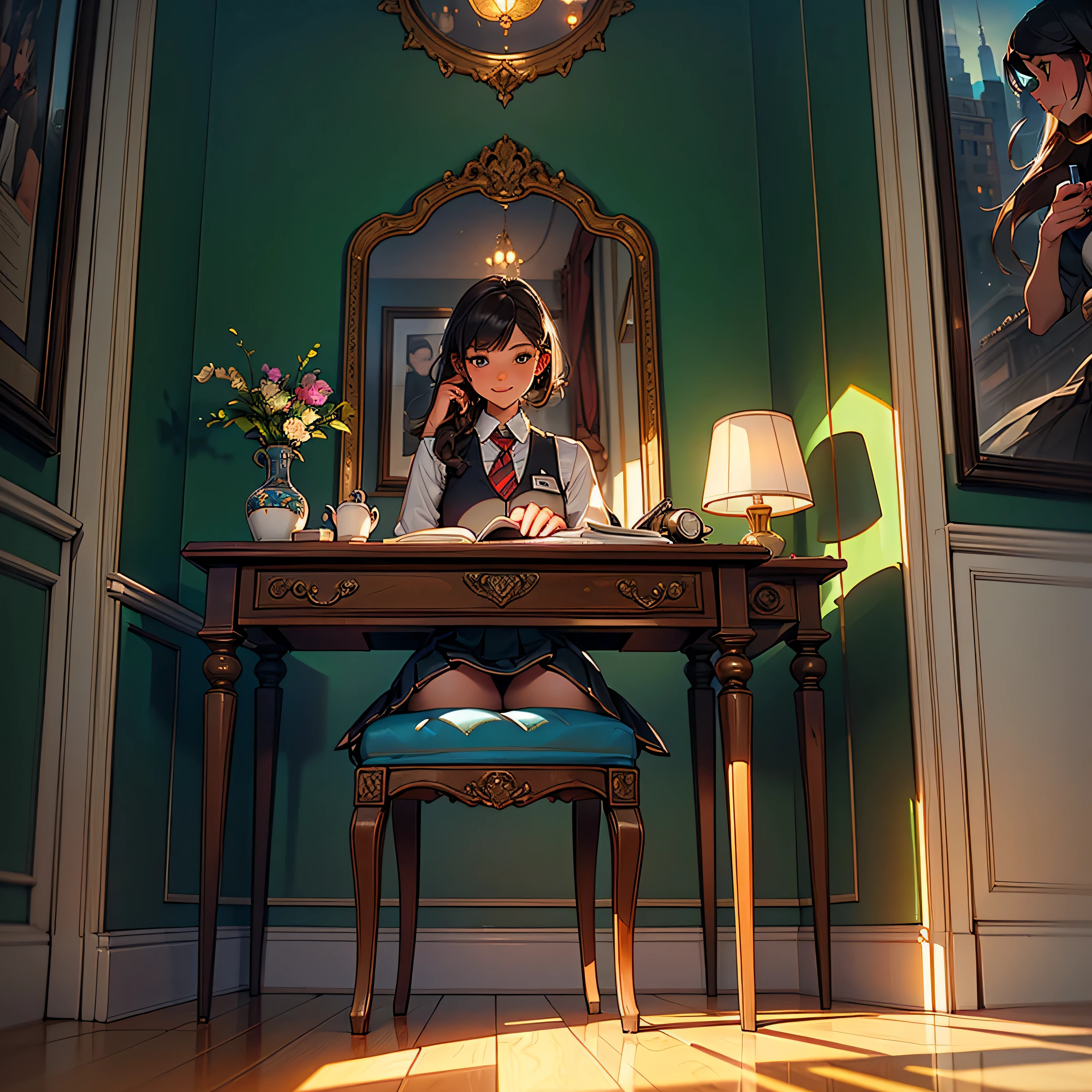 (epic Masterpiece, ultra highest quality, ulra highest resolution, ulra high-definition, distinct_image, very elaborate CG, cinematic lighting, ray tracing, drop shadows, detailed detail, (photorealistic: 1.4), ultra high quality textures, fine-grained, realistic face expression): (Epic gorgeous lone girl, face is Japan, brown short hair, small size breasts, sparkling eyes, Eye level shot, happy smile, beauty, slim body, holiday, own room, console game, computer, display, keyboard, mouse, long leather skirt, collared shirt, leather vest, handgun holder, carrying leather bag on your back, long boots, antique radio, coffee, model train, bookshelf, spacious yellowchair, Pots, fans, paintings, stuffed animals, ties, notebooks, stationery, vases, photo frames, letters, fountain pens, calendars, lamps, cushions, baskets, mirrors reflecting in profile, candles, telephone, fruit, newspapers, sweets, city Eiffel view outside the window), Pendulum clock frog varied multi etc. --v6 --s1000 --c20 --q5 --chaos100