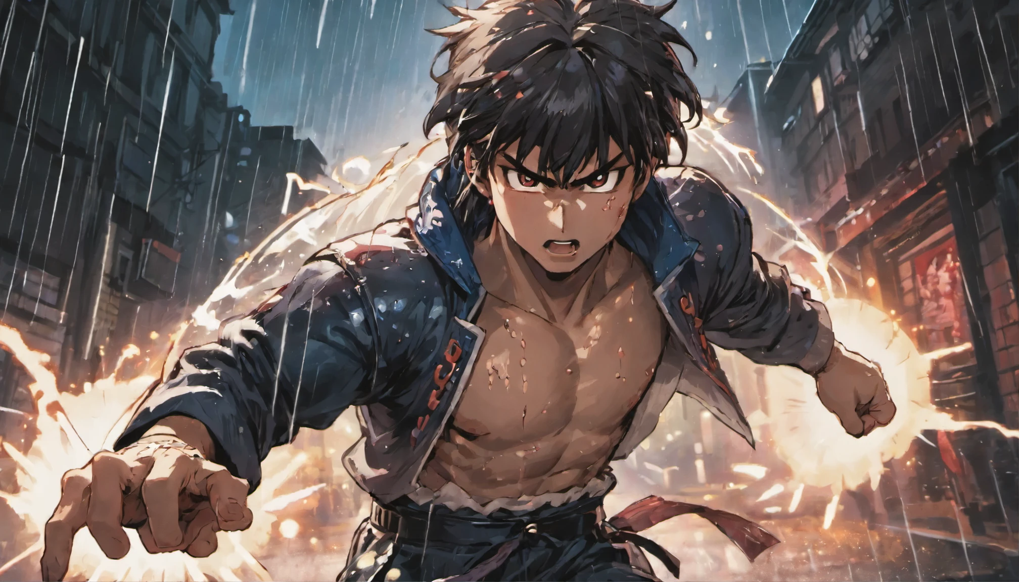 Fotografia de combate, homem jovem 20yo, deliquente japones anos 80, confiante, com cabelo preto, topete, vestindo uma jaqueta de motoqueiro com desenhos vermelhos e azuis, on a rain-soaked street at night, fotorrealista, Cinematic lighting, pose de combate, Bandage on hands, headband tied around the head ryu style, inspirado em richter belmont.