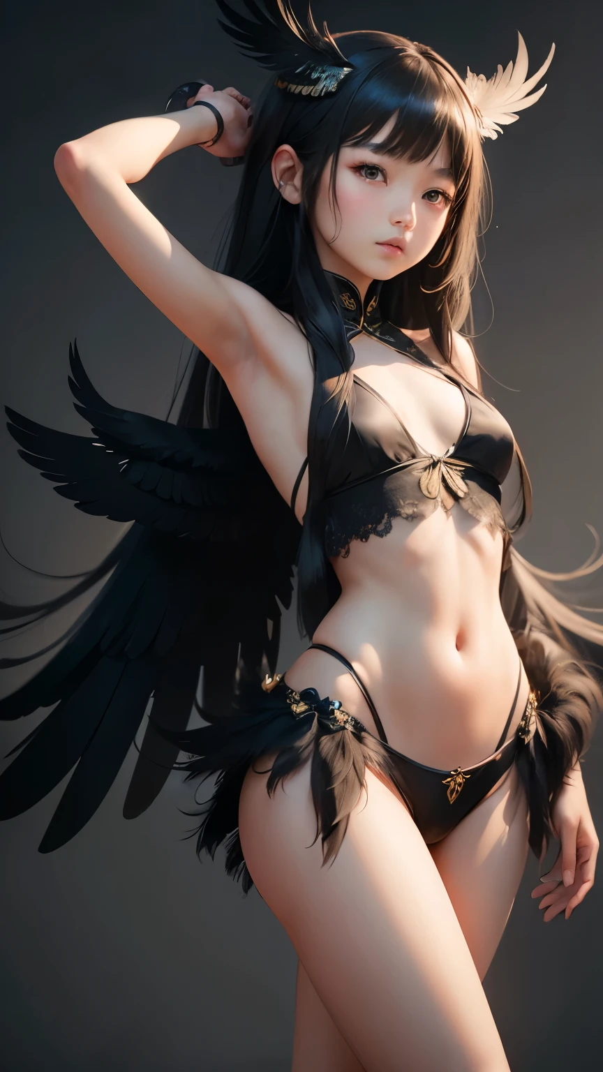 Ultra realistic,  Chinese girl 8 , long black hair,black feathers on the body,  bird arms and legs, harpia , bird girl  , front  .