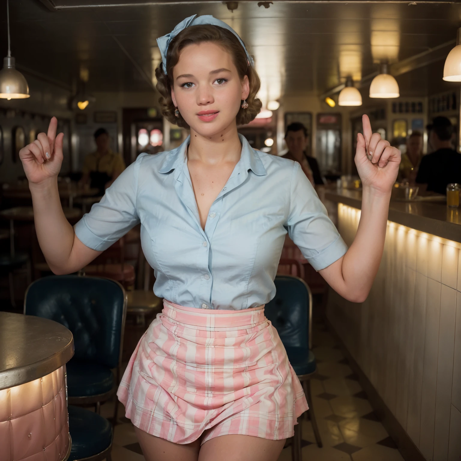 (best quality,4k,8k,high res,masterpiece:1.2),ultra-detailed,(realistic, photorealistic,photo-realistic:1.37), ((best quality)), ((masterpiece)), (detailed), ((Jennifer Lawrence)), ((a waitress from the 1950s in a sexy short tight uniform)), ((full-length whole-body)), 1950s short platinum-blond hair and make-up, ((1950s brightly lit diner)), ((large breasts and hips)), ((tiny waist)), ((classic 1950s curvy hour-glass pin-up girl figure)), ((classic American teen facial features with long eyelashes)), ((cheesecake smile with cute dimples)), ((blushed-pink cheeks)), ((ultra-mini skirt showing long shapely legs)), well-drawn perfect eyes, perfect teeth, ((well-drawn well-proportioned anatomy)), ((cinematic lighting)), 1950s diner in bright blues and yellows, ((Well-drawn hands)),