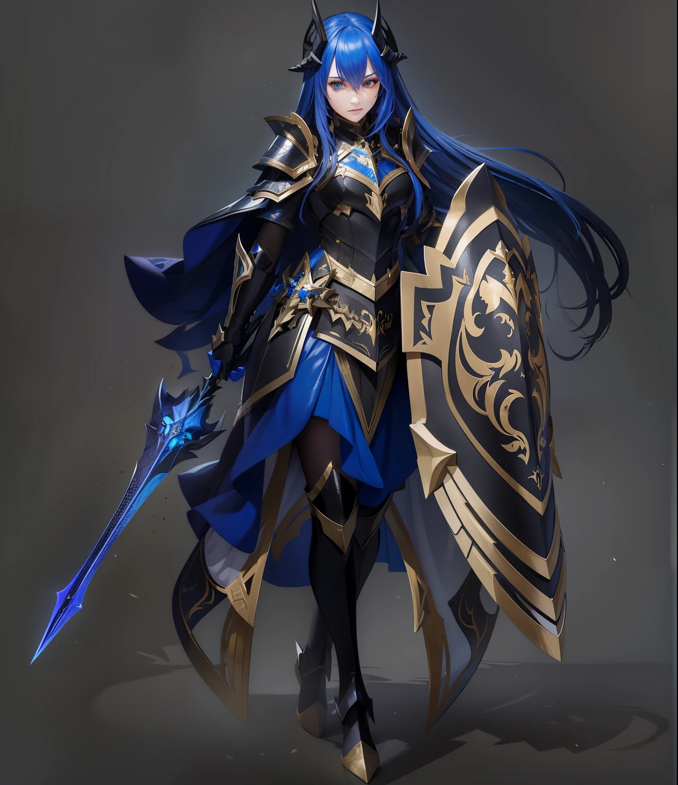 female paladin, black and gold armor, long hair, horns, blue scales