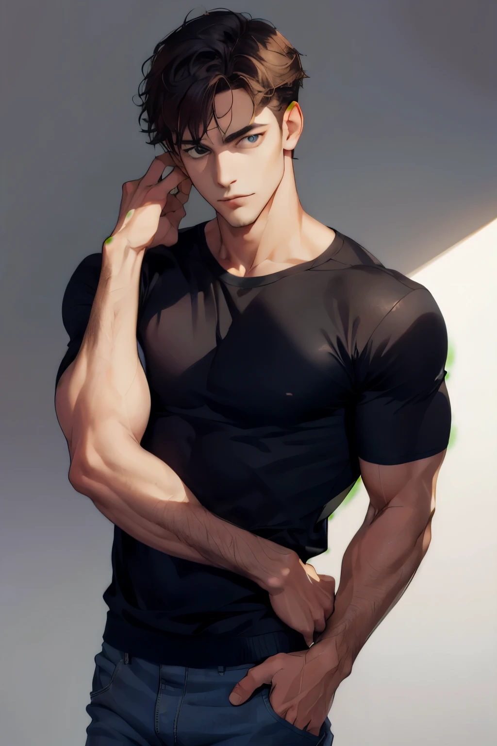 a shirtless 22-year old male wearing jeans, cute, handsome face, six-pack abs, beautiful body, well-defined body, sweat-drenched, soaking wet, drenched with sweat, sweating profusely, soaking wet with sweat, exhausted, panting, sitting on the overpass staircase