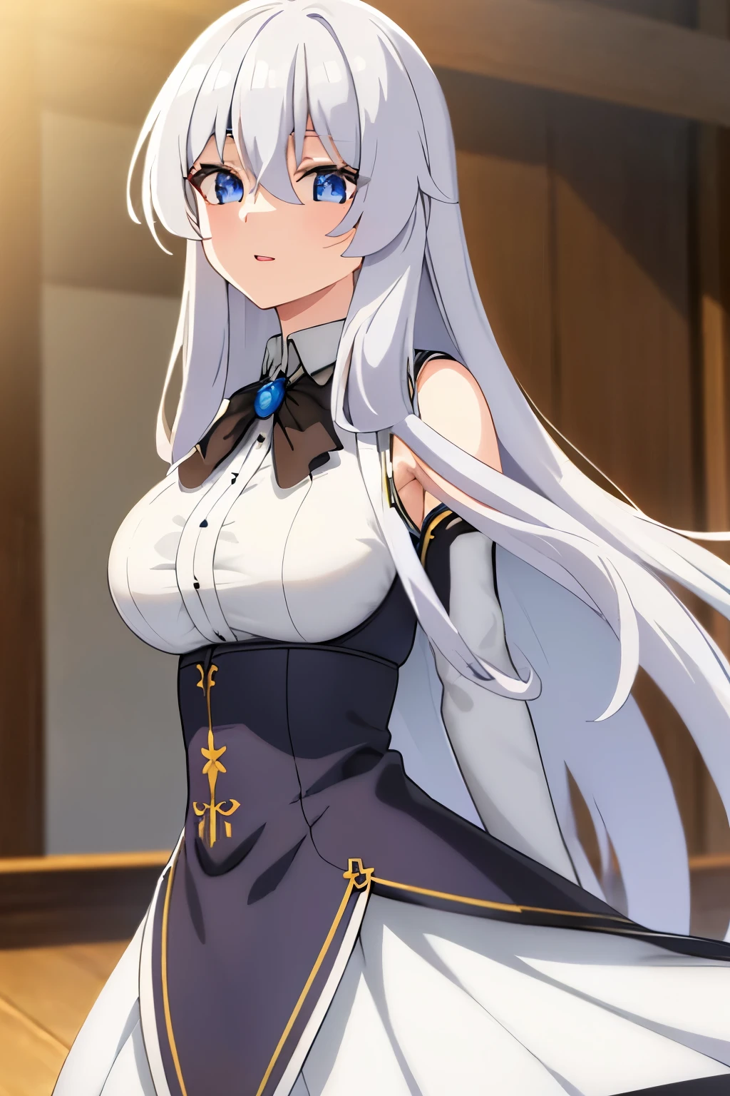 elaina,elaina\(long_sleeved_shirt\),elaina\(skirt\), (masterpiece:1.6, best quality), shiny hair, long hair, White hair , blue eyes, detalles eyes, (((upper body))), big breast happy, indoors, depth of field, black sleeves