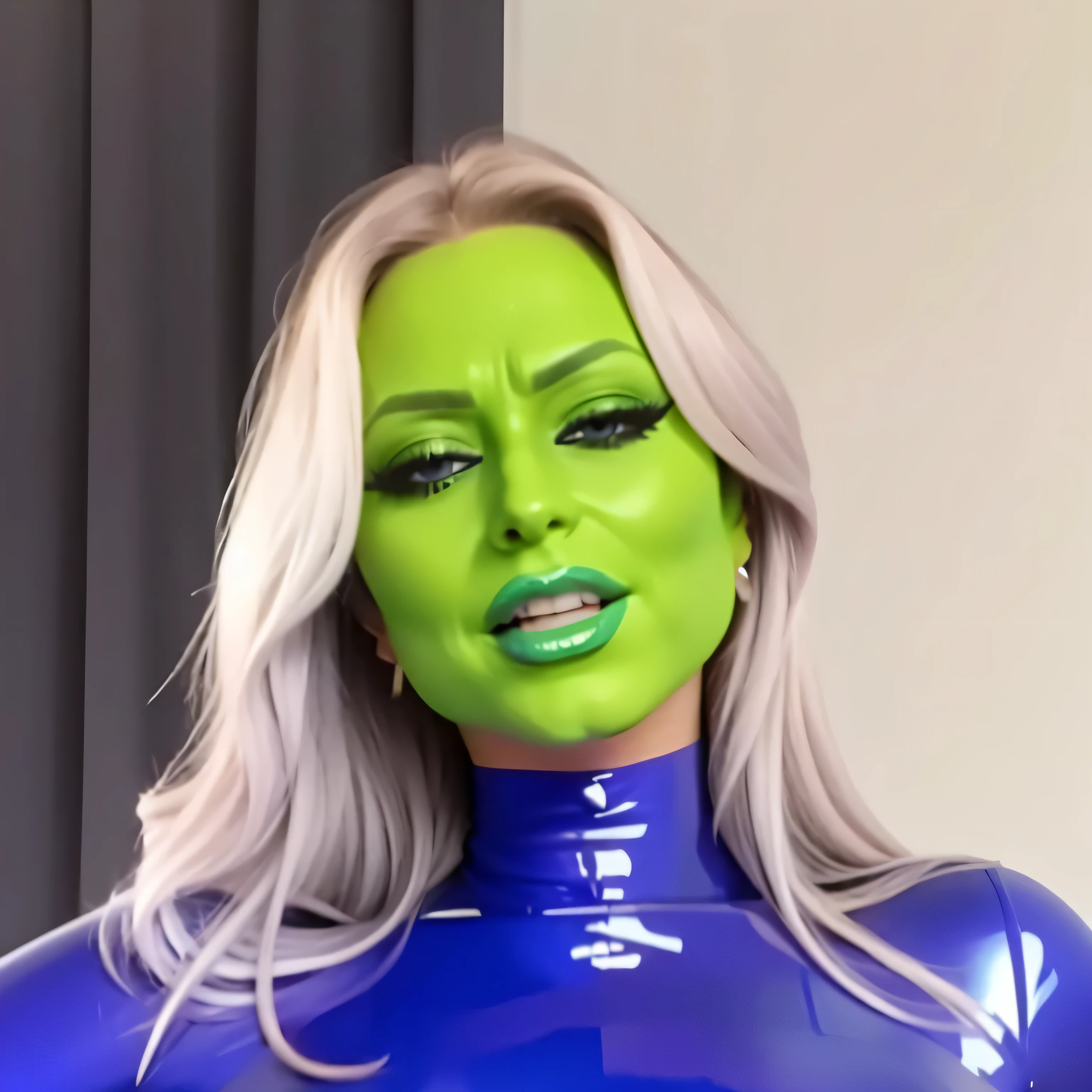 a close-up of a woman in a blue latex outfit, the mask covers the entire face, latex flesh and facial muscles, mulher-hulk, alien woman, pele de cor verde, , pele verde, pele pintada de verde,