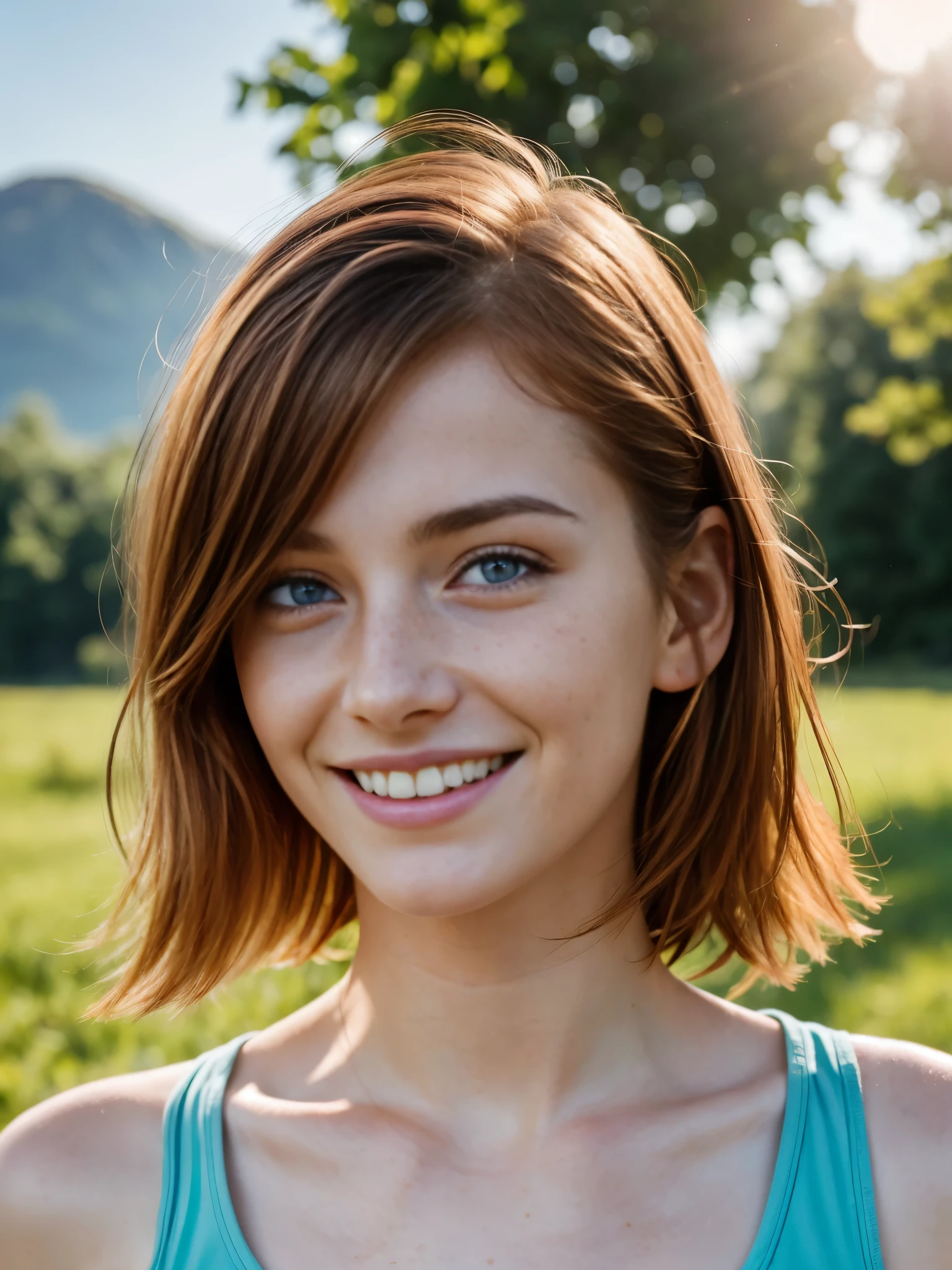 Masterpiece, 1girl, solo, Realistic photo of a 18-years-old Irish girl with freckles, disheveled shaggy shoulder-length red hair, Large shiny green-blue eyes, long eyelashes, thick eyebrowischievous, Carefree, cheerful, beautiful look, radiating genuine delight, perfect teeth, smile; outdoor, sunrise, beautiful landscape, A direct look at the camera, slim, pale skin, sneakers; Without cosmetics; Energetic, restless, waking up posture; (half body shot), Professional studio photography with a film SLR camera("Zorkiy-4"), (passport photo), hight resolution, Natural Realistic Detailed Skin Texture, natural lighting, 8K, Texture of the photo card, Maximum photorealism