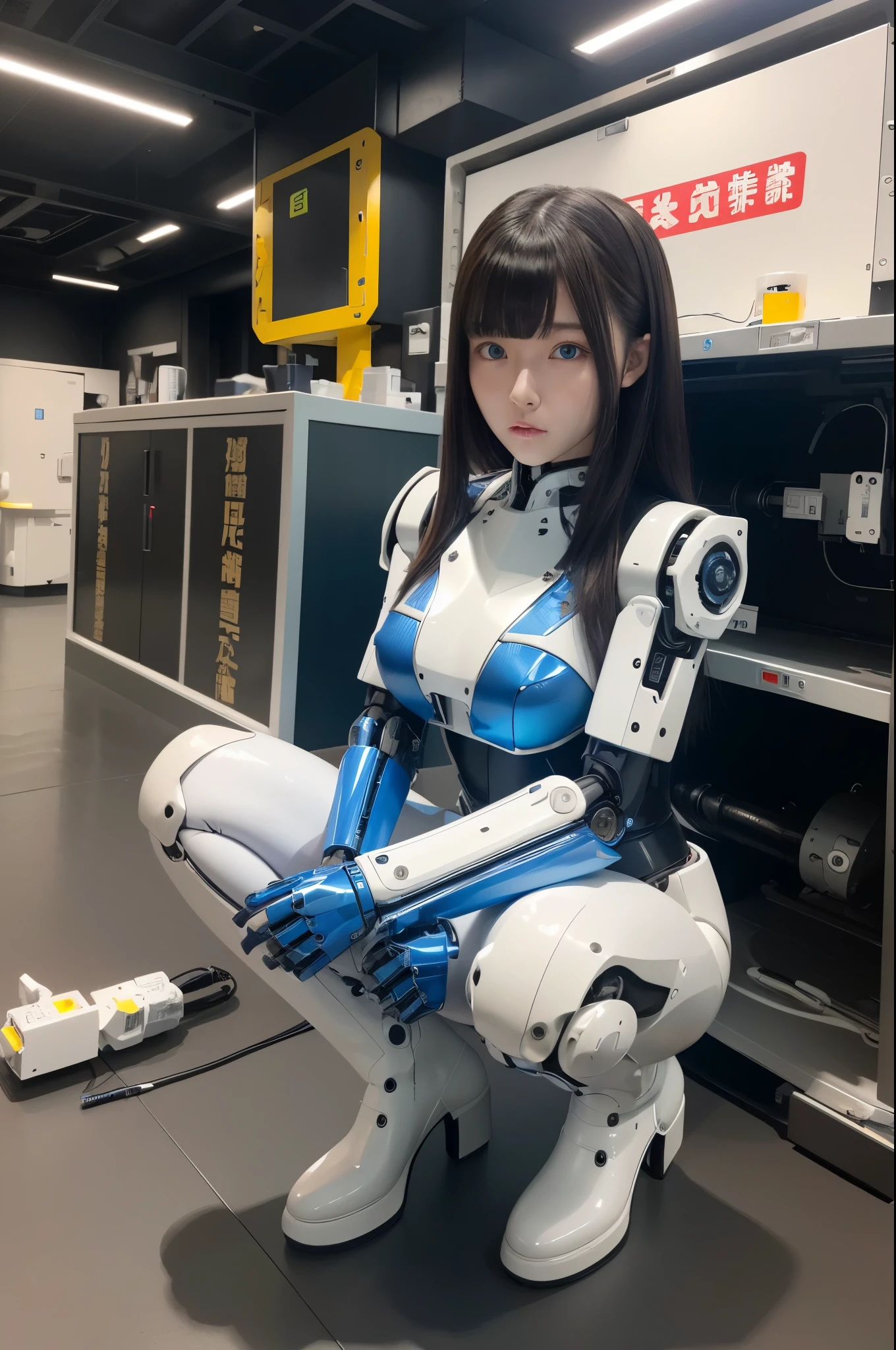 masterpiece, best quality, extremely detailed, Japanese android girl,Plump,control panels,Squat,Mechanical Hand,Robot arms and legs, black sponge joints,blunt bangs,white robot body,ceramic body,white long boots,perfect cyborg girl,charging spot,She is charging now,blue eyes
