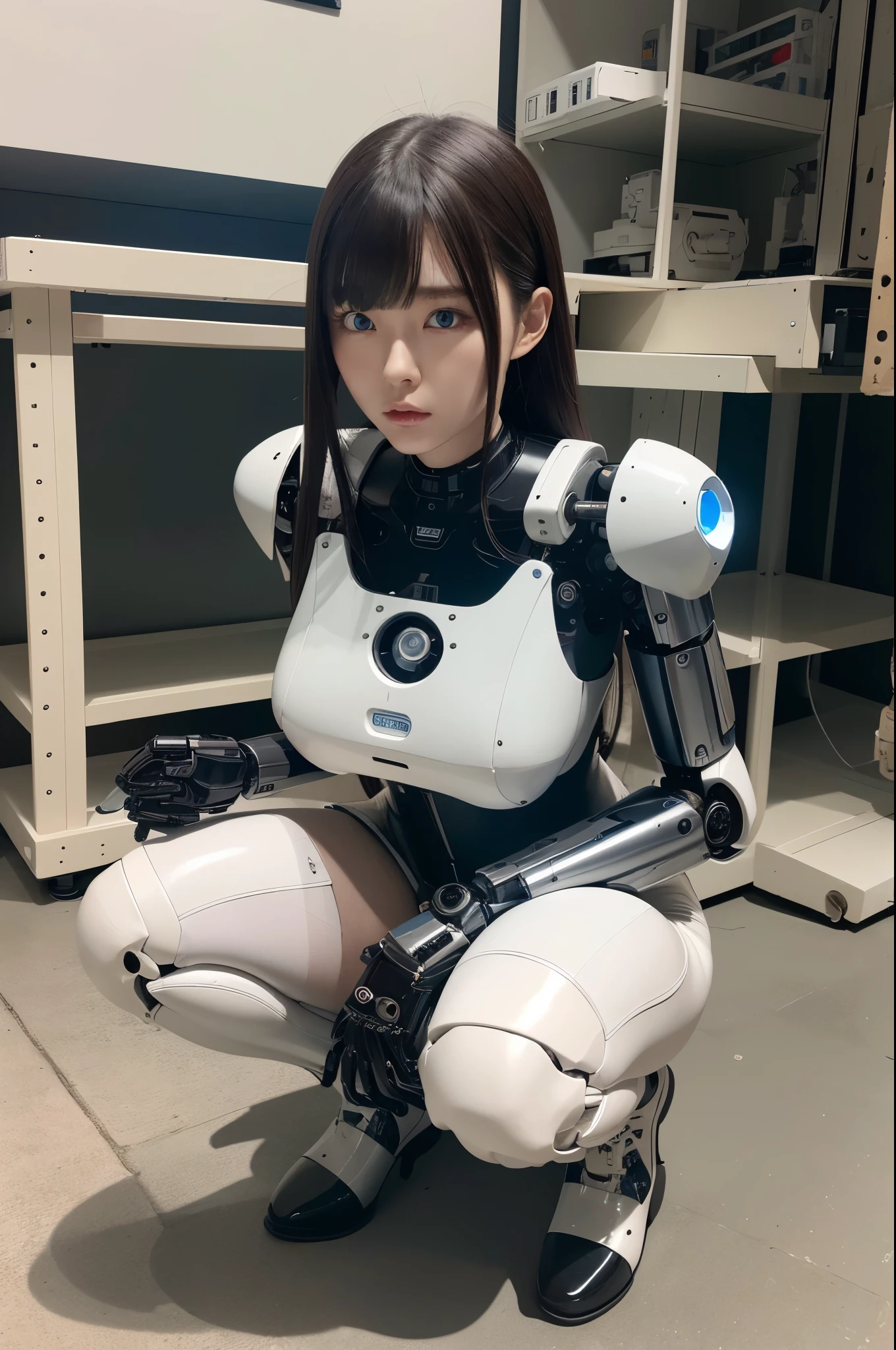 masterpiece, best quality, extremely detailed, Japanese android girl,Plump,control panels,Squat,Mechanical Hand,Robot arms and legs, black sponge joints,blunt bangs,white robot body,ceramic body,white long boots,perfect cyborg girl,charging spot,She is charging now,blue eyes
