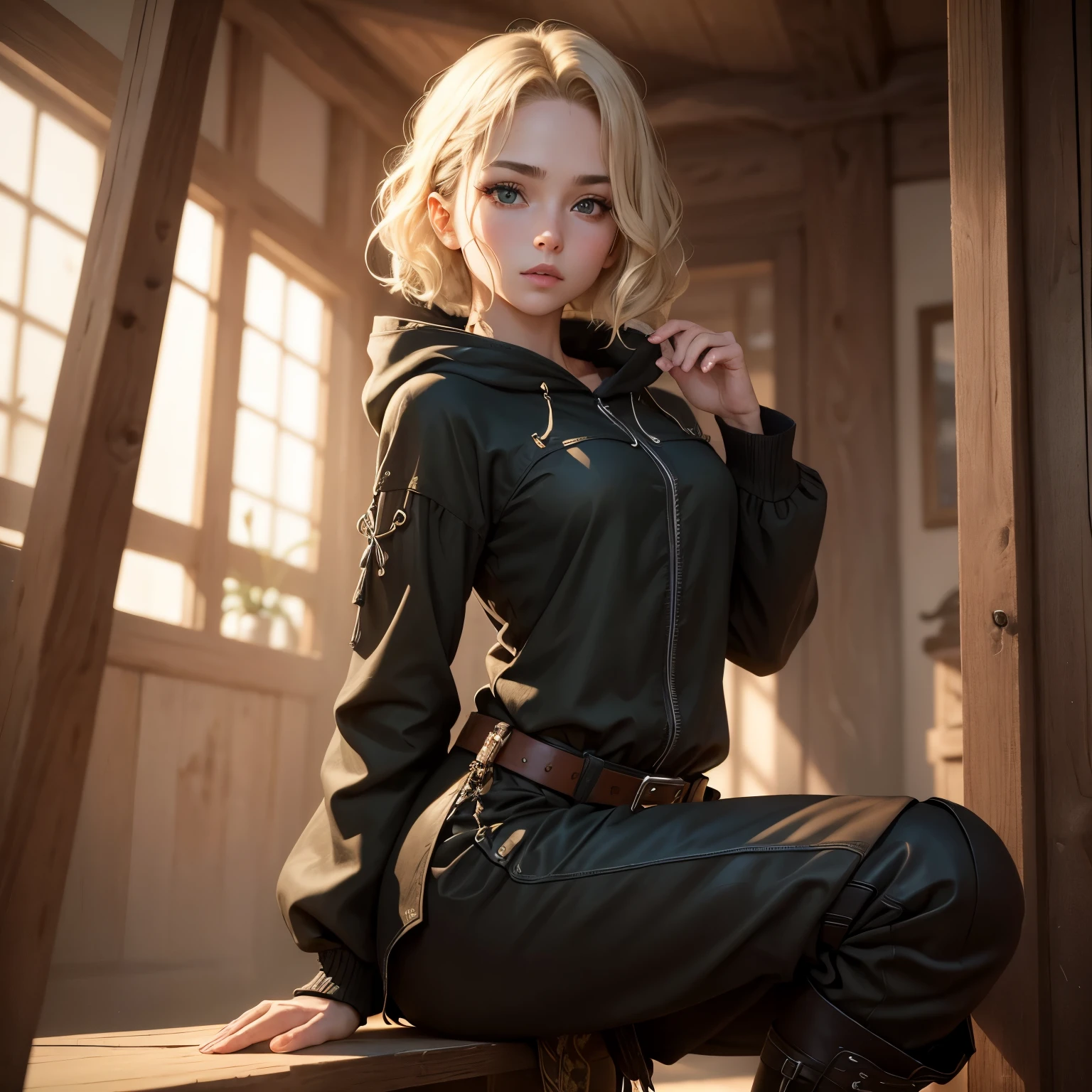 8k, masterpiece, best quality, realistic, higly detailed, cowboy shot, 1girl, solo, Senju Kawaragi, young girl, below-average height, short light blonde hair, green eyes, prominent eyelashes, layered tousled bob hairstyle, unruly waves, blunt edges, hooded black tunic, black pants, black boots, costume adorned with various withe cherry-themed motifs