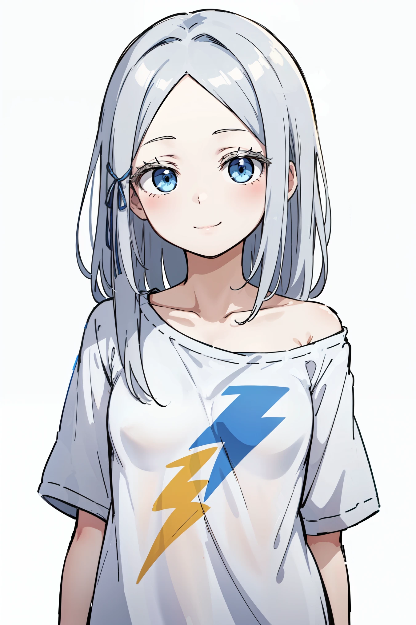 (masterpiece, best quality, ultra high quality, by quan, by mappa, sketch:1.1), ((portrait)), 1girl, solo, pandora, blue eyes, very long hair, grey hair, white hair, white eyelashes, forehead, blush, bangs, small breasts, , parted bangs, barefoot, cute smile, small smile, silly, (alternate costume:1.3), shirt, casual clothes, black shirt, collarbone, short sleeves, t-shirt, off shoulder, oversized shirt, naked shirt, oversized clothes, see-through silhouette, see-through shirt, (arms behind back), upper body, standing,, isometric lightning, white background, simple background