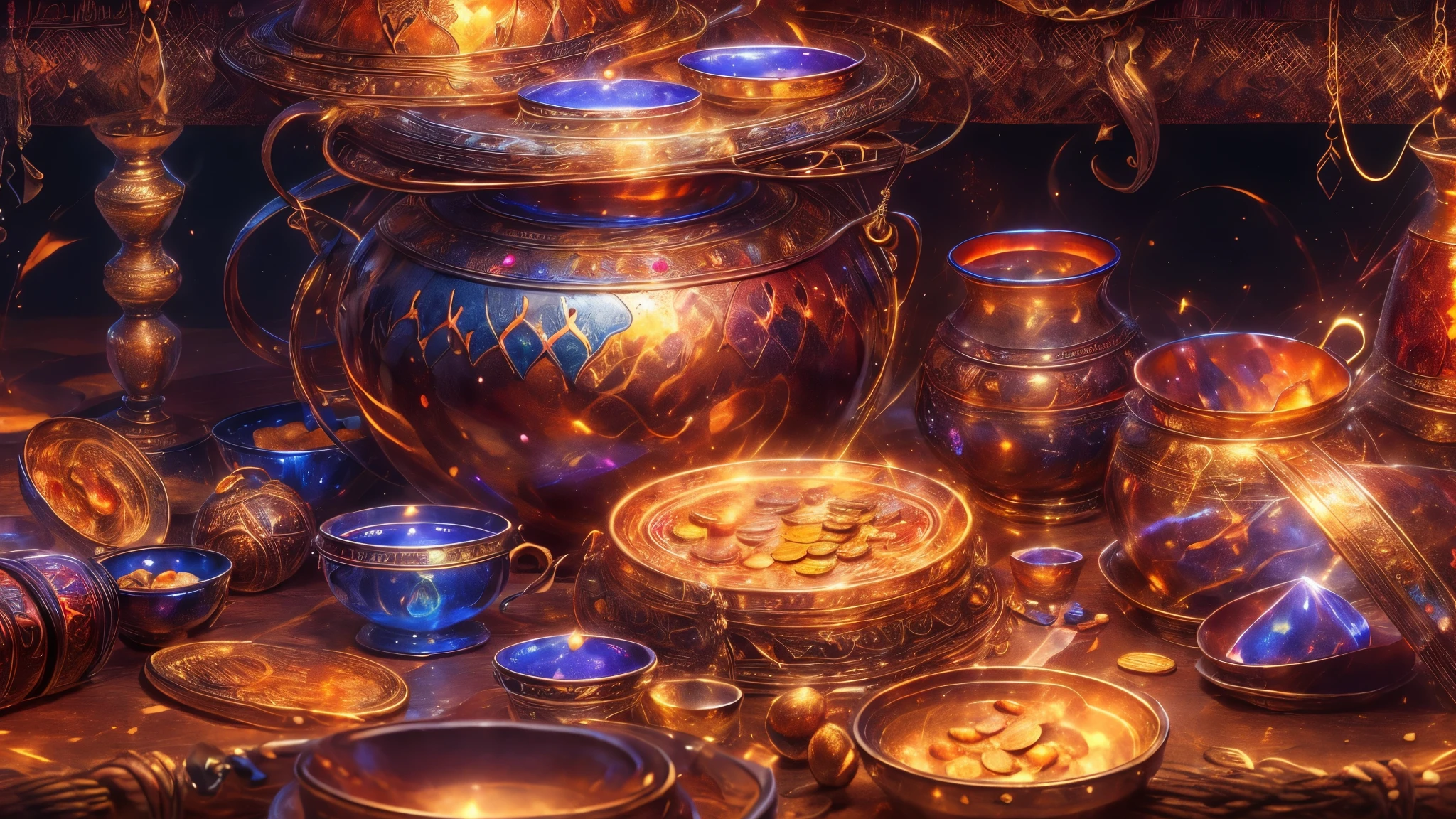 best quality, realistic, vibrant colors, golden pot, shiny gold coins, overflowing treasure, leather bag, tightly tied, golden dishes, magical shine, mystical atmosphere, exquisite details, professional artistry, vibrant lighting, vivid colors, bright reflections