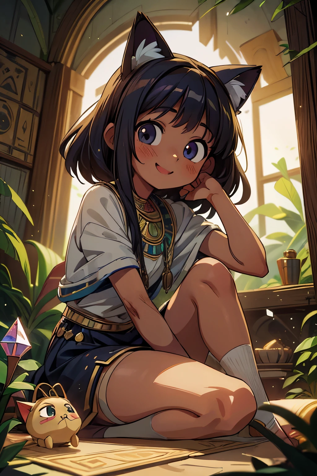((Masterpiece)), (Anime:1.3), ((best quality)), (RAW photo: 1.2), (High Definition:1.3), (Professional Photography:1.2), (),1girl, Very pretty Egyptian girl, smiling, cute eyes, (put on cat ears), cool pose, crystal Ornaments, light particles, Egyptian fortune teller's house, dark skin, worried girl, cute world, really happy, ancient ruined overgrown,