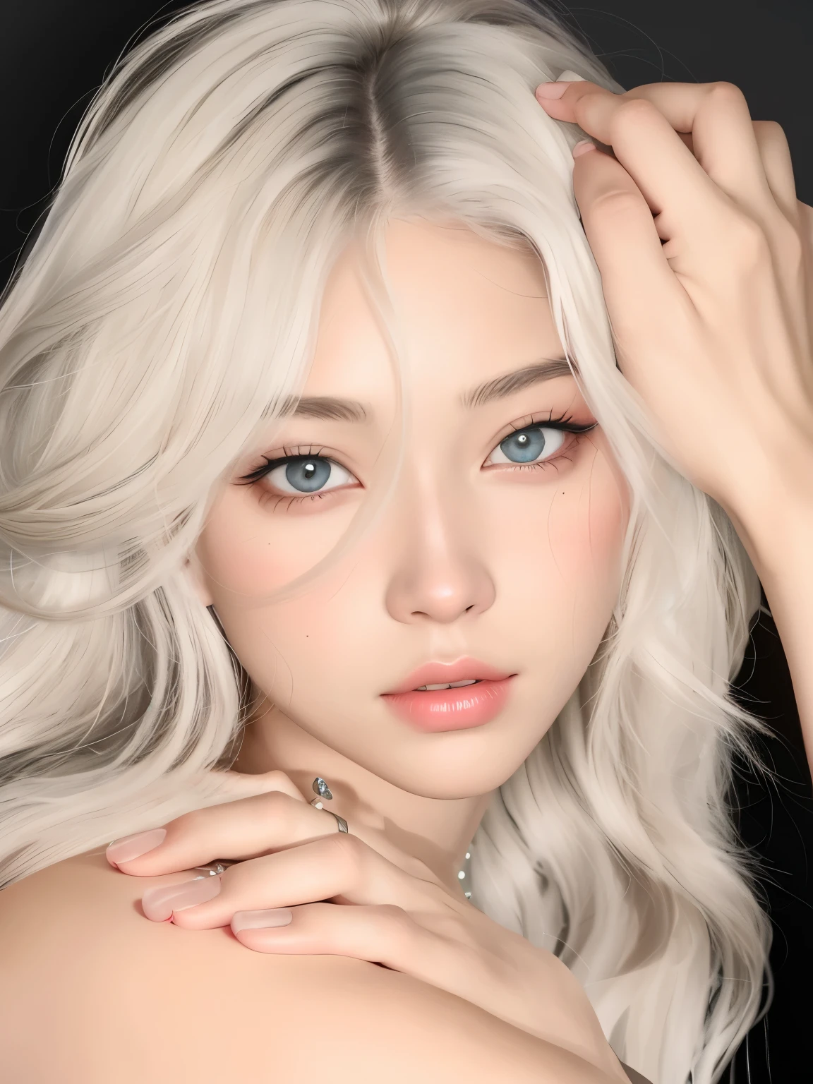 um close de uma mulher com cabelos brancos e um anel no dedo, retrato suave fotografado em 8k, pele brilhante, capturado em canon eos r 6, Retrato realista kawaii, [ Fotorrealismo 4k ]!!, photorealistic rendering of anime girl, obras de arte no estilo de guweiz, 8k portrait rendering, [ Fotorrealismo 4k ]!!!
