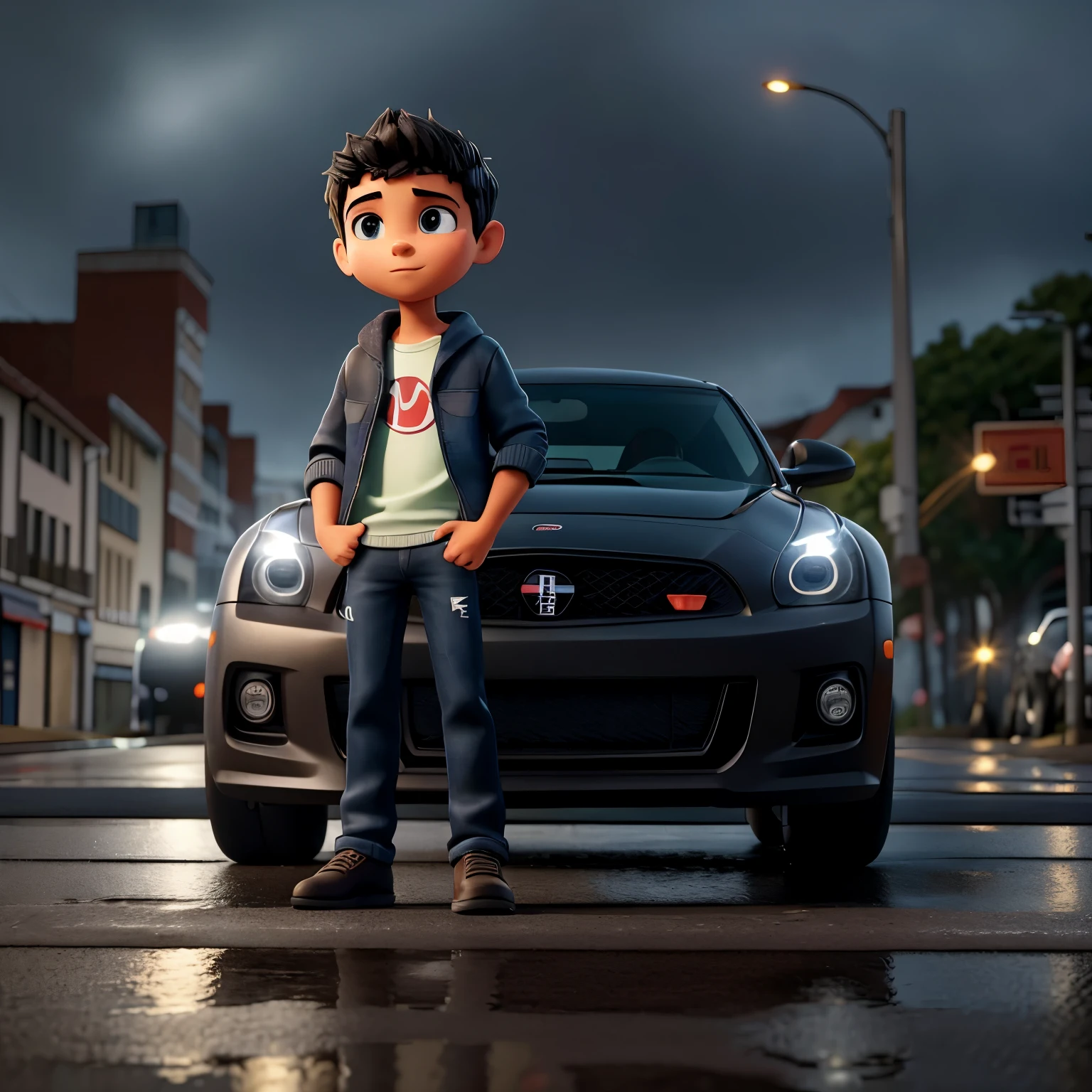 Descreva a cena de um jovem alto com capuz, vestindo um moletom preto e jeans, standing on the sidewalk on a rainy night. He is looking at a shiny GTR R35 car thinking about stealing it on the road. Your admiration visible in your eyes. The light from the headlights reflects on the puddles of water around you, enquanto a chuva cai suavemente sobre ele. O som do motor potente ecoa no ar, misturando-se ao som da chuva. The boy remains motionless, captured by the elegance and speed of the car, with a gun in hand to commit the crime.