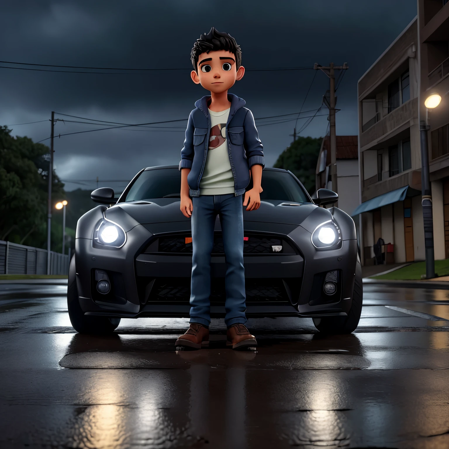 Descreva a cena de um jovem alto com capuz, vestindo um moletom preto e jeans, standing on the sidewalk on a rainy night. He is looking at a shiny GTR R35 car thinking about stealing it on the road. Your admiration visible in your eyes. The light from the headlights reflects on the puddles of water around you, enquanto a chuva cai suavemente sobre ele. O som do motor potente ecoa no ar, misturando-se ao som da chuva. The boy remains motionless, captured by the elegance and speed of the car, with a gun in hand to commit the crime.