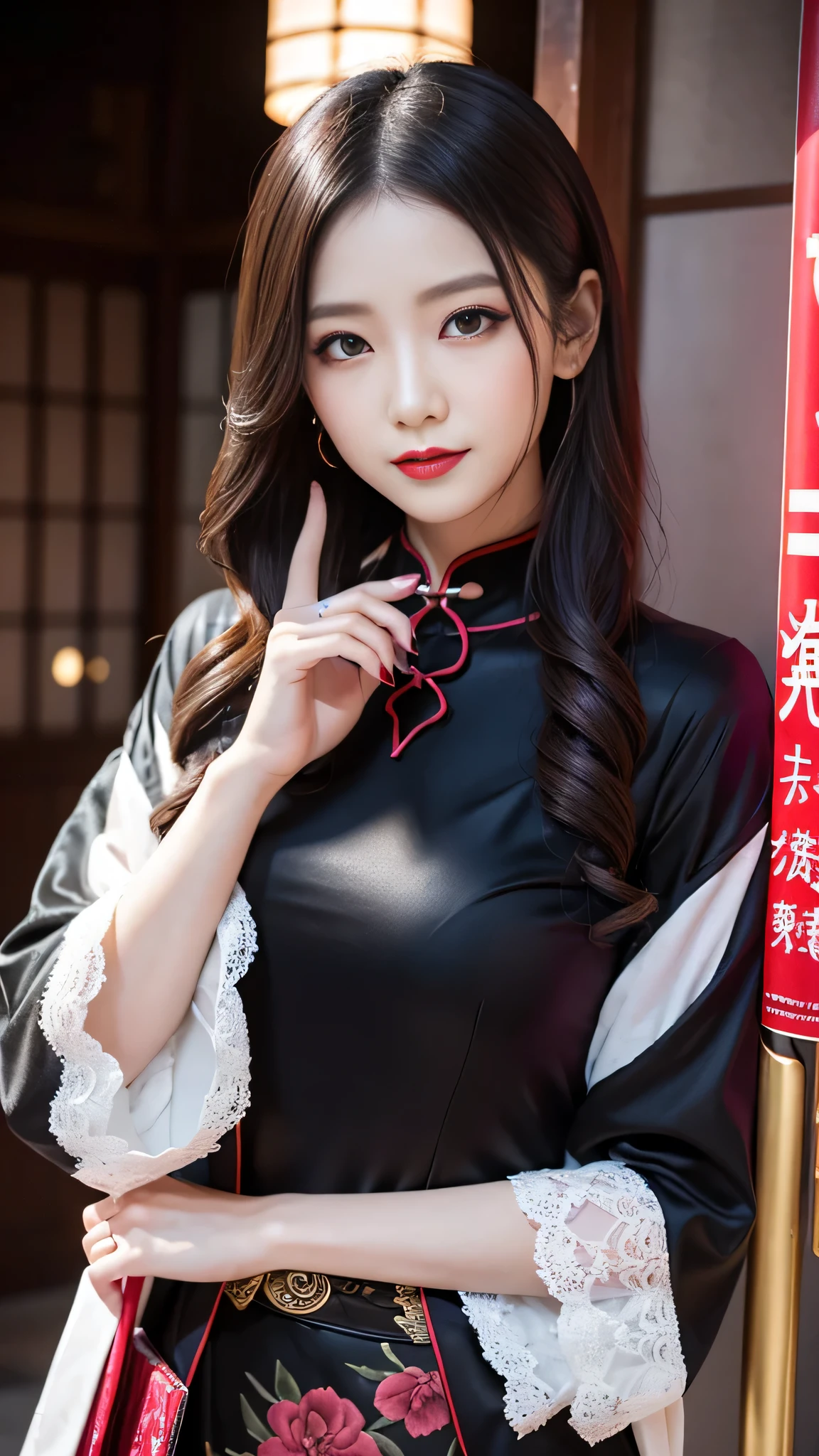 Super detailed、Japanese、charming beauty、seductive adult woman、Beautiful woman、sharp eyes、cool girl、wavy hair、long black cheongsam、wide sleeve、evilの幹部、evil depravity、brainwashing、Mind control、apply lipstick、grin、evilな表情、evil、empty eyes、evil、night school、vampire、Hypnosia makeup brush