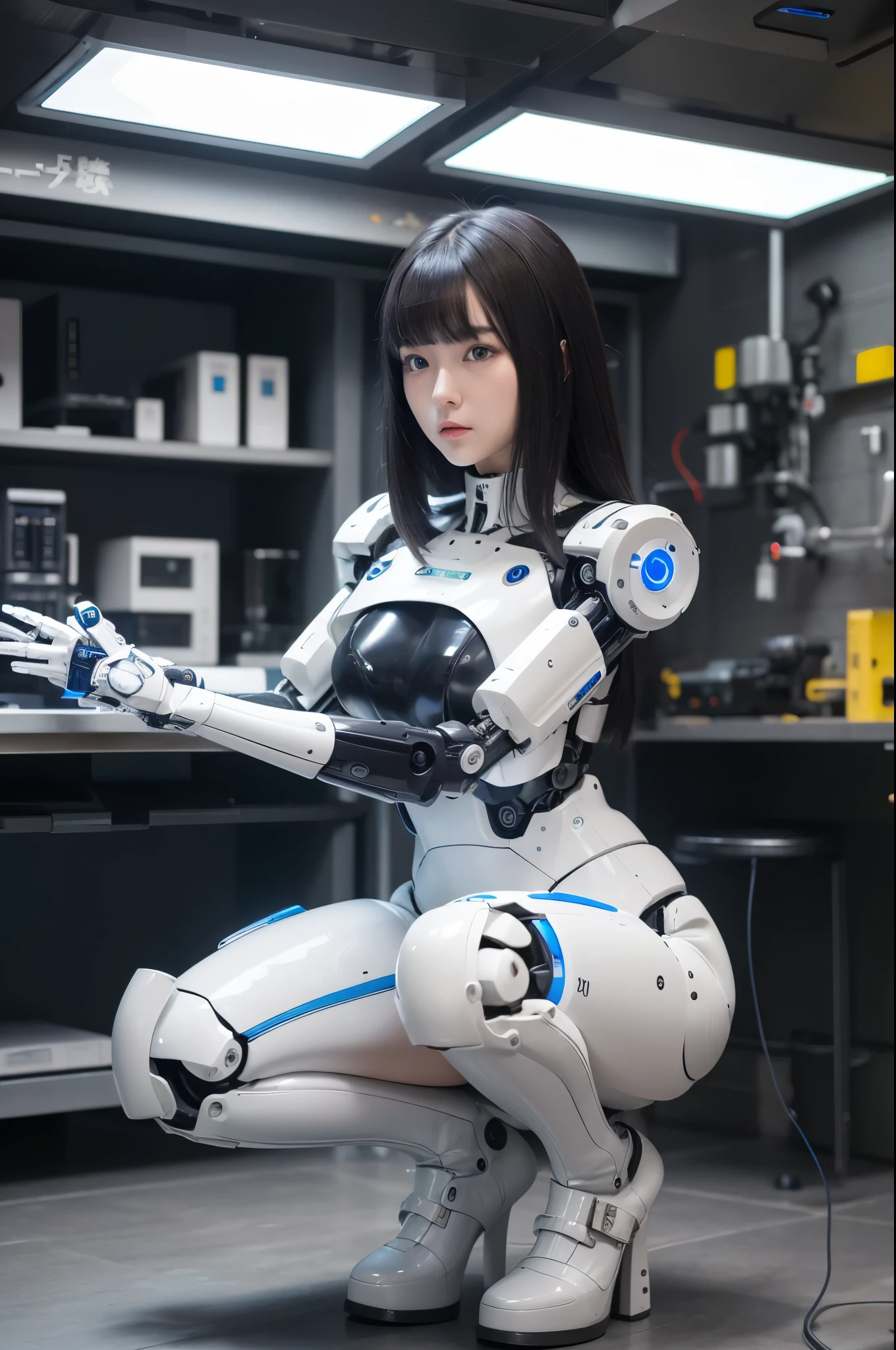 masterpiece, best quality, extremely detailed, Japanese android girl,Plump,control panels,Squat,Mechanical Hand,Robot arms and legs, black sponge joints,blunt bangs,white robot body,ceramic body,white long boots,perfect cyborg girl,charging spot,She is charging now,blue eyes