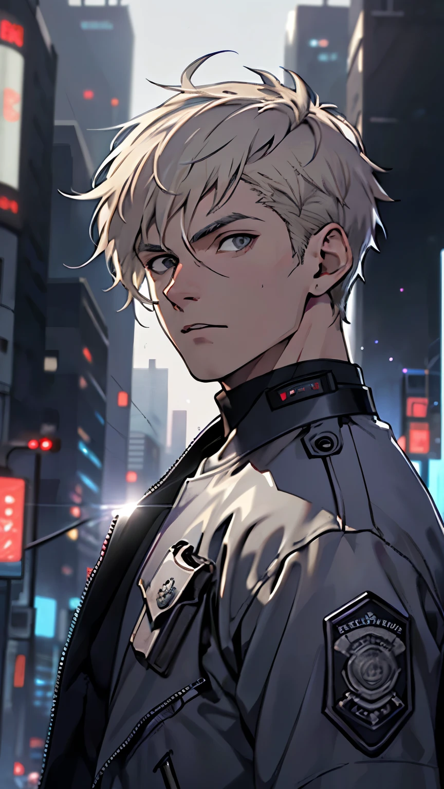 (masterpiece), best quality, high quality, 1boy, beautiful face, handsome, platinum blonde hair, short hair, straight hair, gray eyes, upper body, city background, looking straight, 18 years old boy, cyberpunk, police clothes,