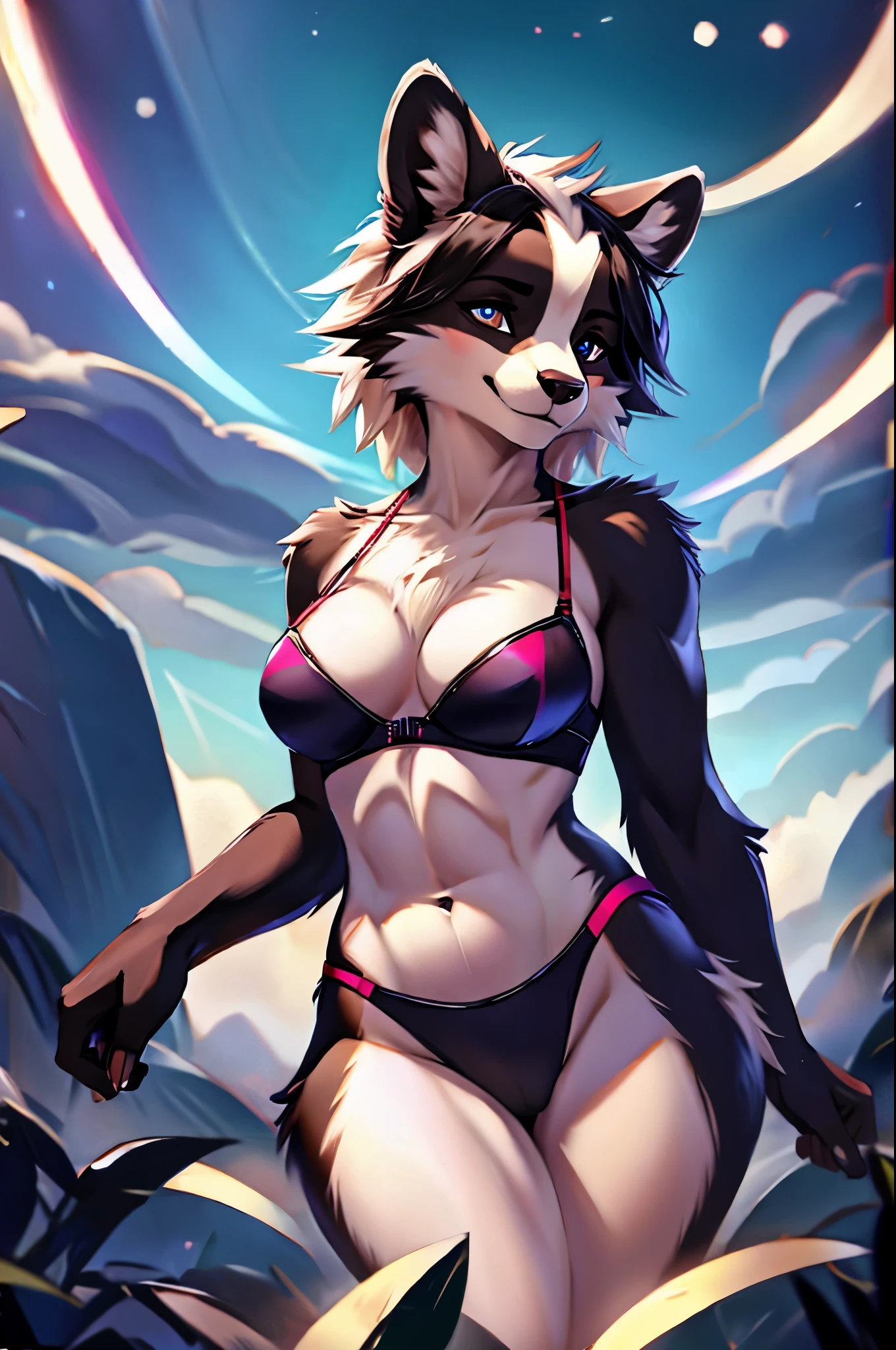 by redjiit, by rajii, by juiceps, by chunie, by wizzikt, (best quality, highres, ultra-detailed, realistic:1.37), furry, anthro, badger, female, black body, white marks, beautiful body, badger ears, sexy, soft fur, alluring eyes, slender figure, graceful pose, enchanting smile, vibrant colors, dynamic lighting, sexy bra