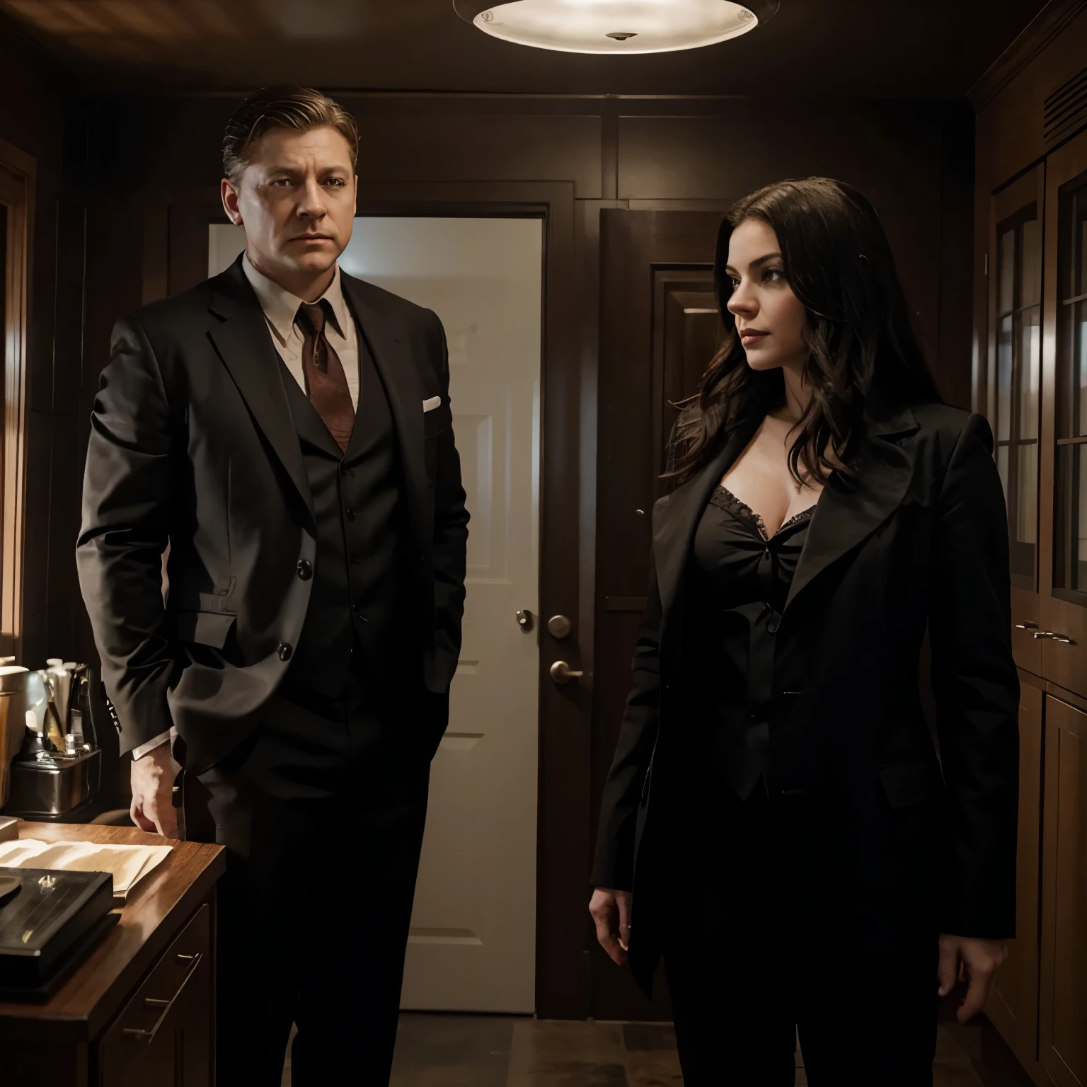 Make a realistic picture of Jim Gordon and Lee Thompkins from Gotham living a good life in there new house