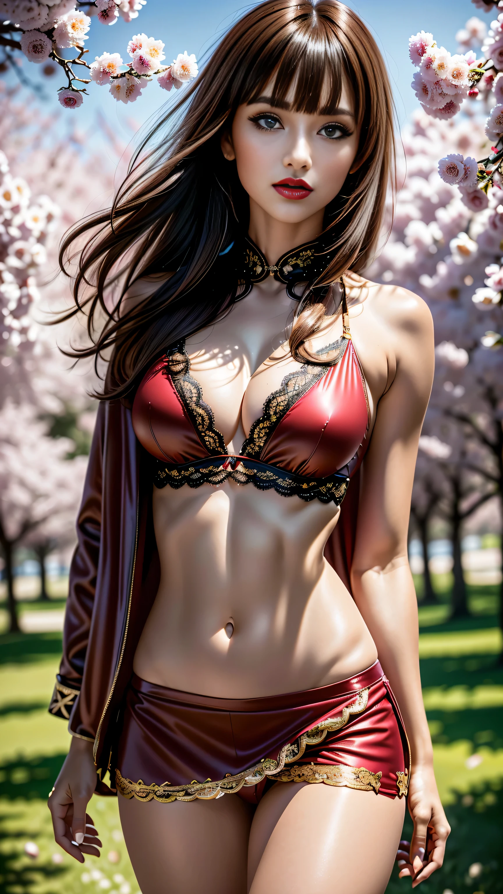 Divide Ratio : 1,1,1 Base Ratio: beauty (mixed girls) in (highly detailed 32k absurd art of a ((girl 18-year-old)) ),fashion supermodel,(best high quality real texture skin:1.3),((ebony skin female:1.2)),(best quality texture hair:1.4),((light red short hair((bangs combed to the side)) extremely detailed:1.4)),((outside,an orchard of blooming cherry trees:1.3)),(best high quality:1.4),(photo realistic:1. 5),(Hyperrealism:1.5),(sharp focus),(highest resolution),soft neon lighting on the face and body,(perfect proportions),(anatomically correct),(perfect female body:1.4),(Super beautiful body),(firm normal full breasts:1.25),(narrow waist:1.3),small ass,slim face,beautiful cheekbones,slim belly: 1.3,((slim,swell-muscled body:1.4)),(Super beautiful face),(realistic face),(highly detailed face:1.5),black_eyeshadow,(Super beautiful eyes),(realistic eyes),(highly detailed eyes:1.45),(perfect round eyes),(finely detailed pupils),((brown_eyes:1.44)),BREAK,detailed lips:1.3,(red_lipstick:1.18),BREAK,(Detailed nose:1.2),((super extravagant Jacket wear:1.13)),small head:1.4,BREAK,makeup:1.22,dynamic pose,BREAK,((silked skirt,(tiny skirt:1.28),no_panties,curvy),(short skirt wrapped at the hips),/(random u%y top:1.13),/exquisite balance of shadows,perfect composition,((shot above the knee:1.3)),(((look at the viewer))),(from below:1.2),((show high exposed thighs:1.3)),Hasselblad, 85mm f/4.0