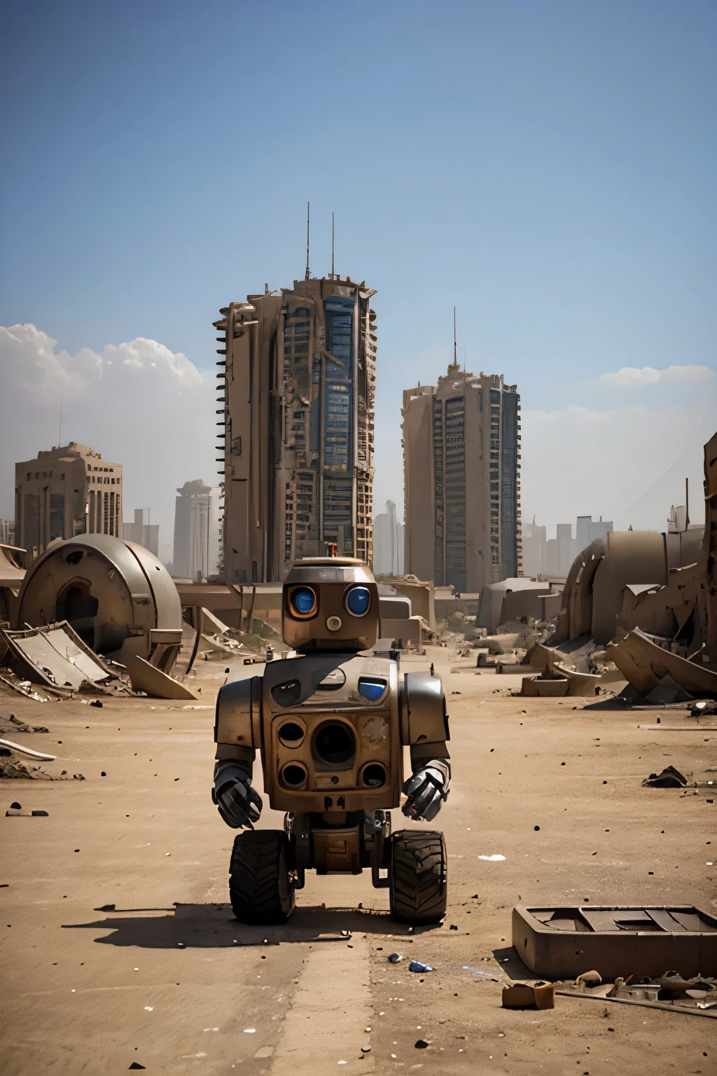 futuristic city in ruins sunny lots of dust. a sad robot, sends many carcasses of abandoned ships