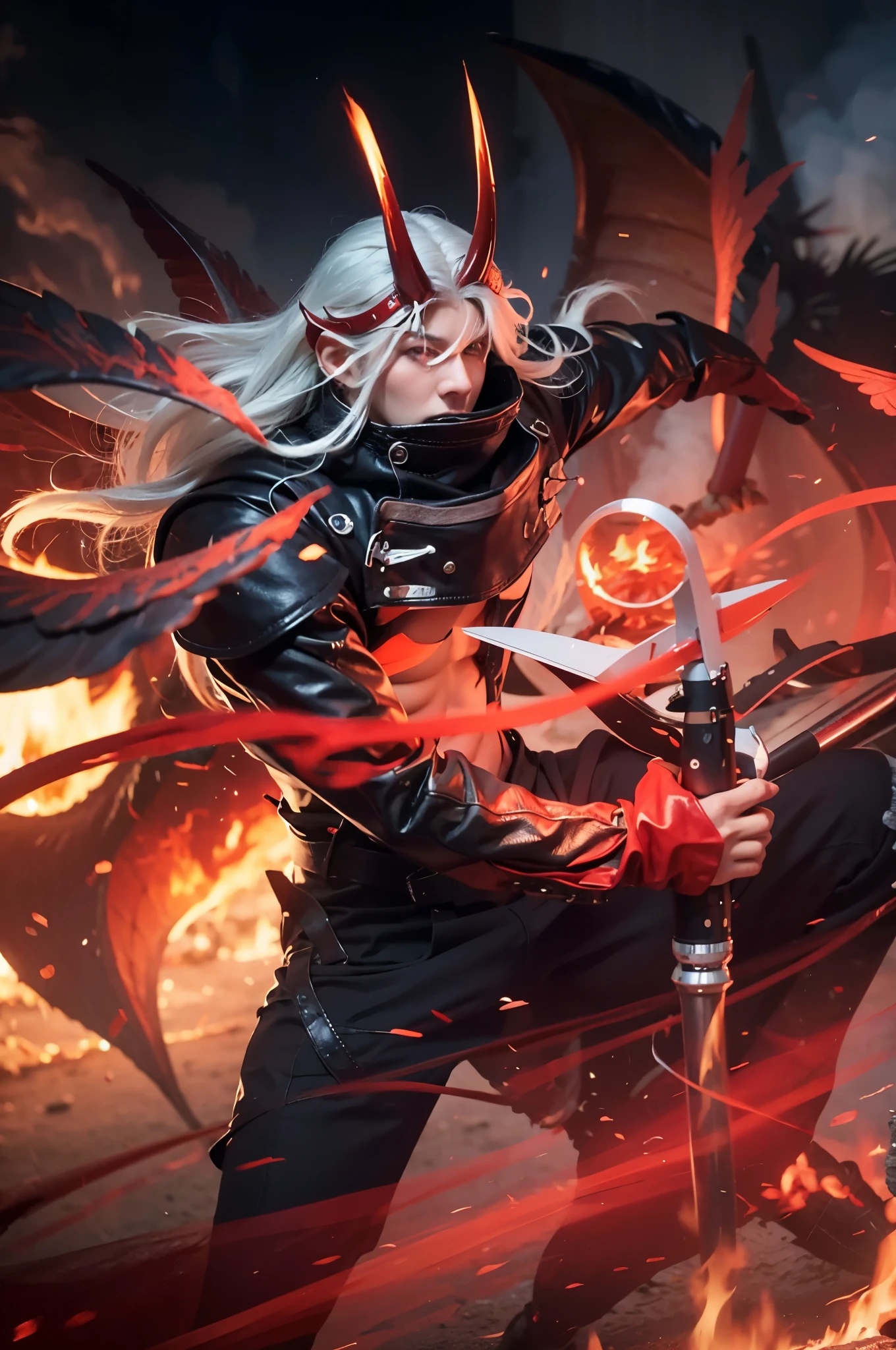 a close up of a 1man holding a magic wand and a fire, with red horn, white hair, demon form, leather jacket, four wings