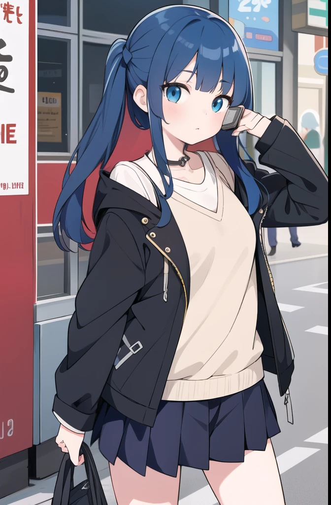 anime girl with blue hair and a black jacket holding a cell phone, an anime girl, cute girl anime visual, anime moe art style, young anime girl, anime girl, artwork in the style of Gweiz, cute anime girl, girls front line style, beautiful anime high school girl, pretty anime girl, Gweiz, attractive anime girl
