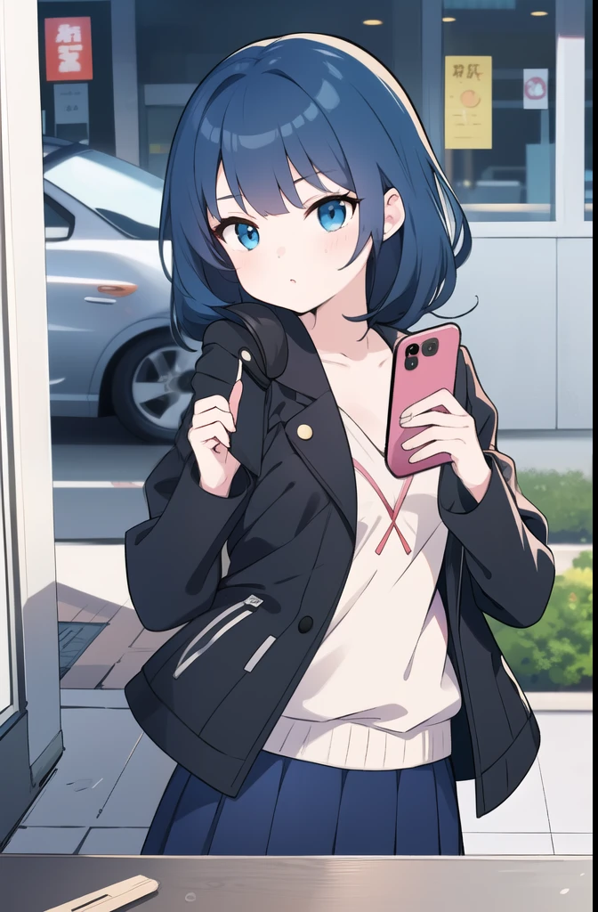 anime girl with blue hair and a black jacket holding a cell phone, an anime girl, cute girl anime visual, anime moe art style, young anime girl, anime girl, artwork in the style of Gweiz, cute anime girl, girls front line style, beautiful anime high school girl, pretty anime girl, Gweiz, attractive anime girl