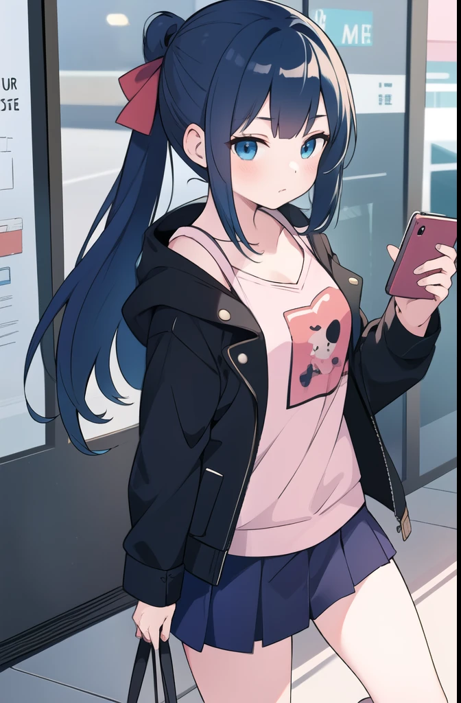anime girl with blue hair and a black jacket holding a cell phone, an anime girl, cute girl anime visual, anime moe art style, young anime girl, anime girl, artwork in the style of Gweiz, cute anime girl, girls front line style, beautiful anime high school girl, pretty anime girl, Gweiz, attractive anime girl