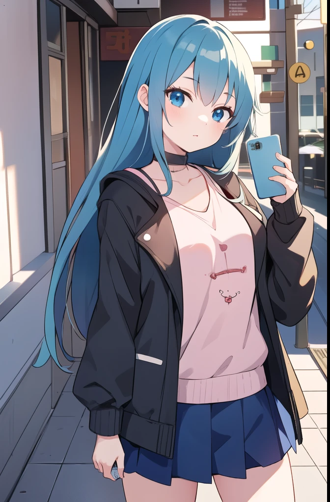 anime girl with blue hair and a black jacket holding a cell phone, an anime girl, cute girl anime visual, anime moe art style, young anime girl, anime girl, artwork in the style of Gweiz, cute anime girl, girls front line style, beautiful anime high school girl, pretty anime girl, Gweiz, attractive anime girl