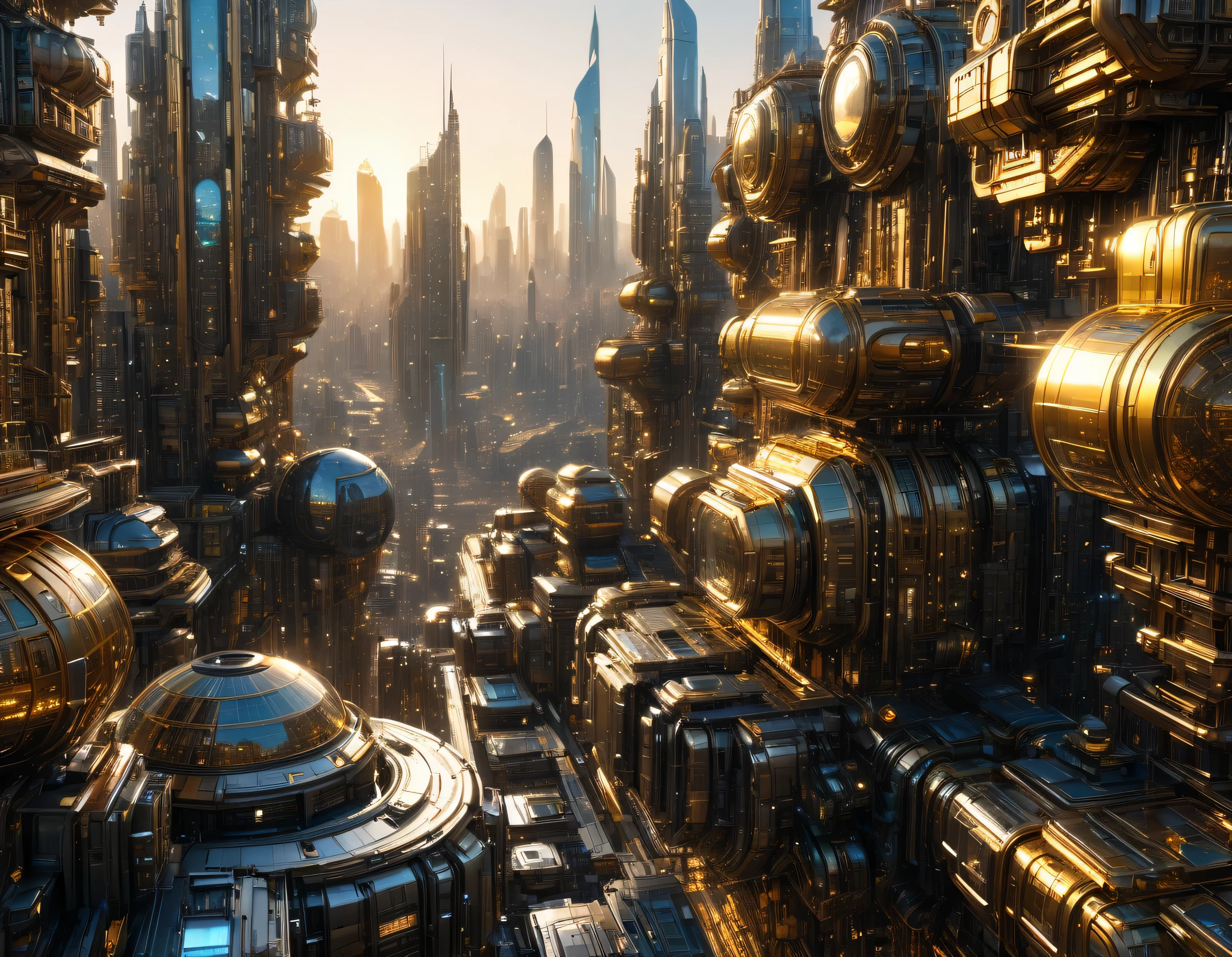 (golden hour lighting), megacity, megalopolis of an imaginary world of science fiction and maximum fantasy, con inmensos edificios ovalados , rascacielos y dodecaedricos agrupados de metal y cristal donde predomina el oro. imagen bien definida 8k, (intrincados detalles de la maquina), con muchos edificios juntos.(obra maestra de superior calidad).(imagen fotorrealista), nitidez absoluta hasta el fondo.