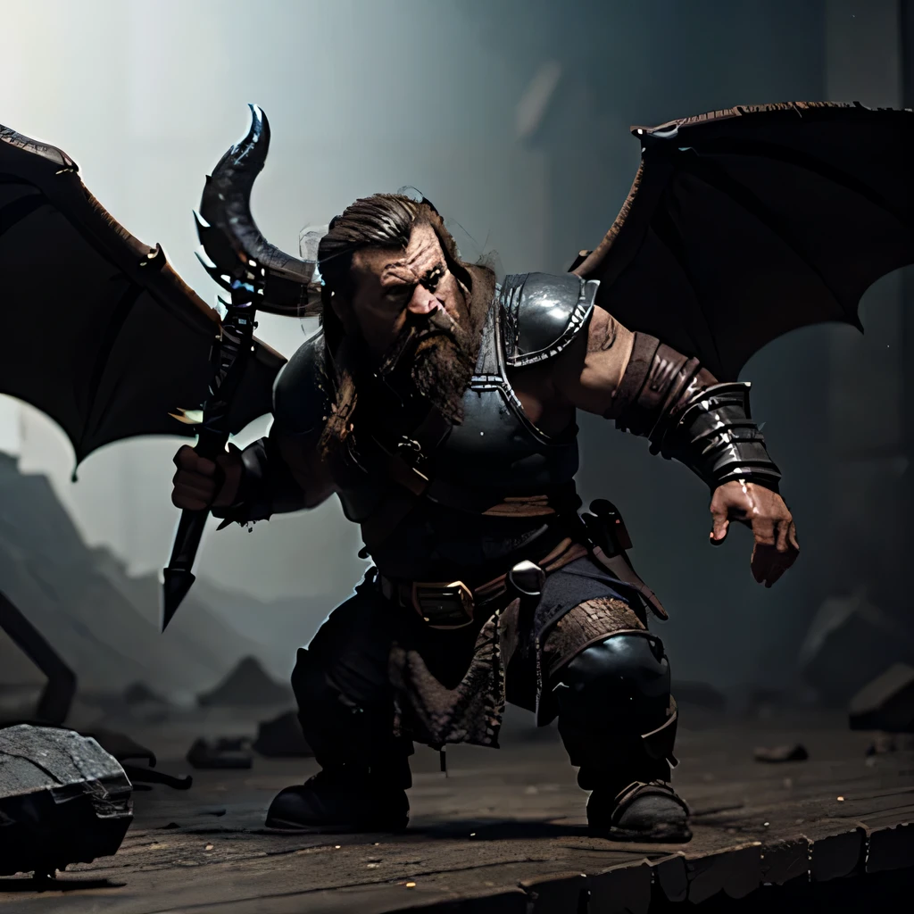 Dwarf attacking a black dragon
