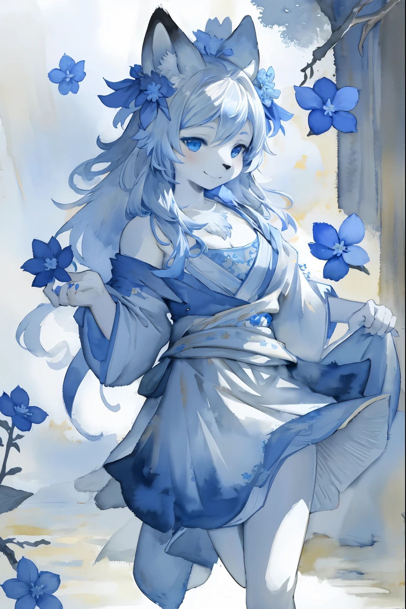 monochrome, watercolor, highres, top quality, best quality, paid reward available, High-quality illustrations, unparalleled masterpiece, perfect artwork, absurdres, 1girl, kemono, furry, detailed body fur, animal face, animal hand, Archaic Smile, holding a cluster of blue flower in both hands, which are positioned at chest level, She is wearing a simple ring on the ring finger of her left hand, unfocused spread of Blue flower, fan-created work shared on platforms Pixiv or Twitter,