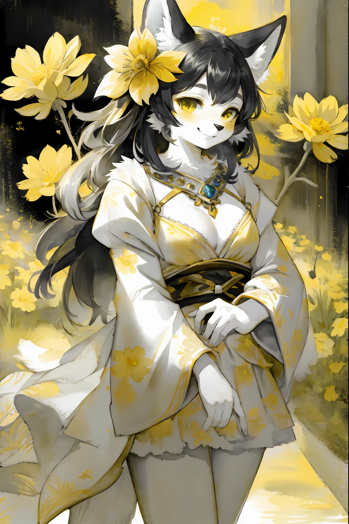 monochrome, watercolor, highres, top quality, best quality, paid reward available, High-quality illustrations, unparalleled masterpiece, perfect artwork, absurdres, 1girl, kemono, furry, detailed body fur, animal face, animal hand, Archaic Smile, holding a cluster of yellow flower in both hands, which are positioned at chest level, She is wearing a simple ring on the ring finger of her left hand, unfocused spread of yellow flower, fan-created work shared on platforms Pixiv or Twitter,