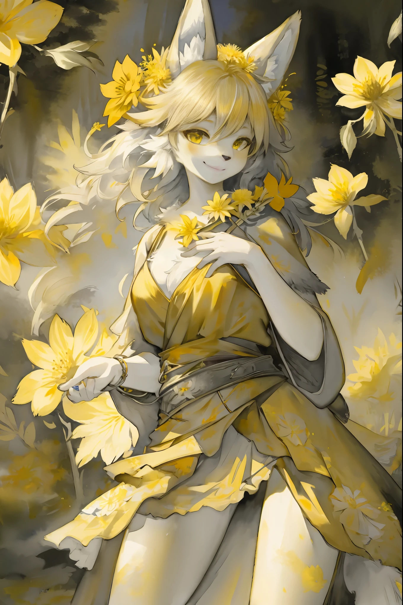 monochrome, watercolor, highres, top quality, best quality, paid reward available, High-quality illustrations, unparalleled masterpiece, perfect artwork, absurdres, 1girl, kemono, furry, detailed body fur, animal face, animal hand, Archaic Smile, holding a cluster of yellow flower in both hands, which are positioned at chest level, She is wearing a simple ring on the ring finger of her left hand, unfocused spread of yellow flower, fan-created work shared on platforms Pixiv or Twitter,