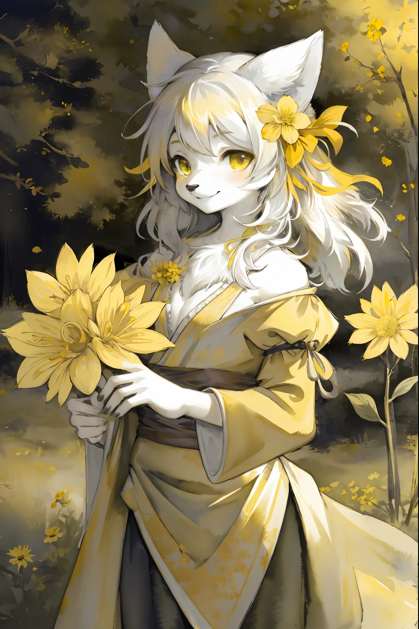 monochrome, watercolor, highres, top quality, best quality, paid reward available, High-quality illustrations, unparalleled masterpiece, perfect artwork, absurdres, 1girl, kemono, furry, detailed body fur, animal face, animal hand, Archaic Smile, holding a cluster of  yellow flower in both hands, which are positioned at chest level, She is wearing a simple ring on the ring finger of her left hand, unfocused spread of yellow flower, fan-created work shared on platforms Pixiv or Twitter,