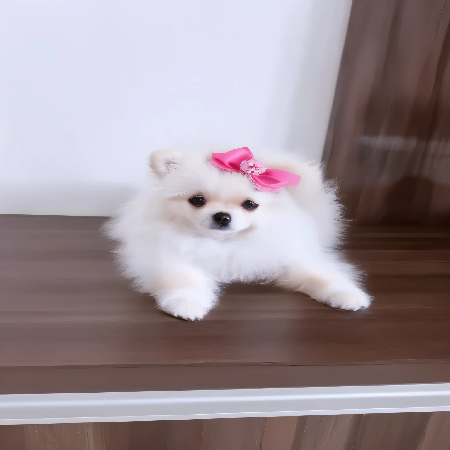 araffe filhote de cachorro with a pink bow sitting on a wooden floor, Pomeranian, Pomeranian mix, Cachorro fofinho, bela, ela tem um rosto fofo, filhote de cachorro, fofo, fofinho!!!, fofinho face, com lindos olhos apaixonados, cachorro pequeno, branco feminino bonito, vestido com um lindo branco, super fofinho, lindo fofo, ela tem um rosto fofo e expressivo