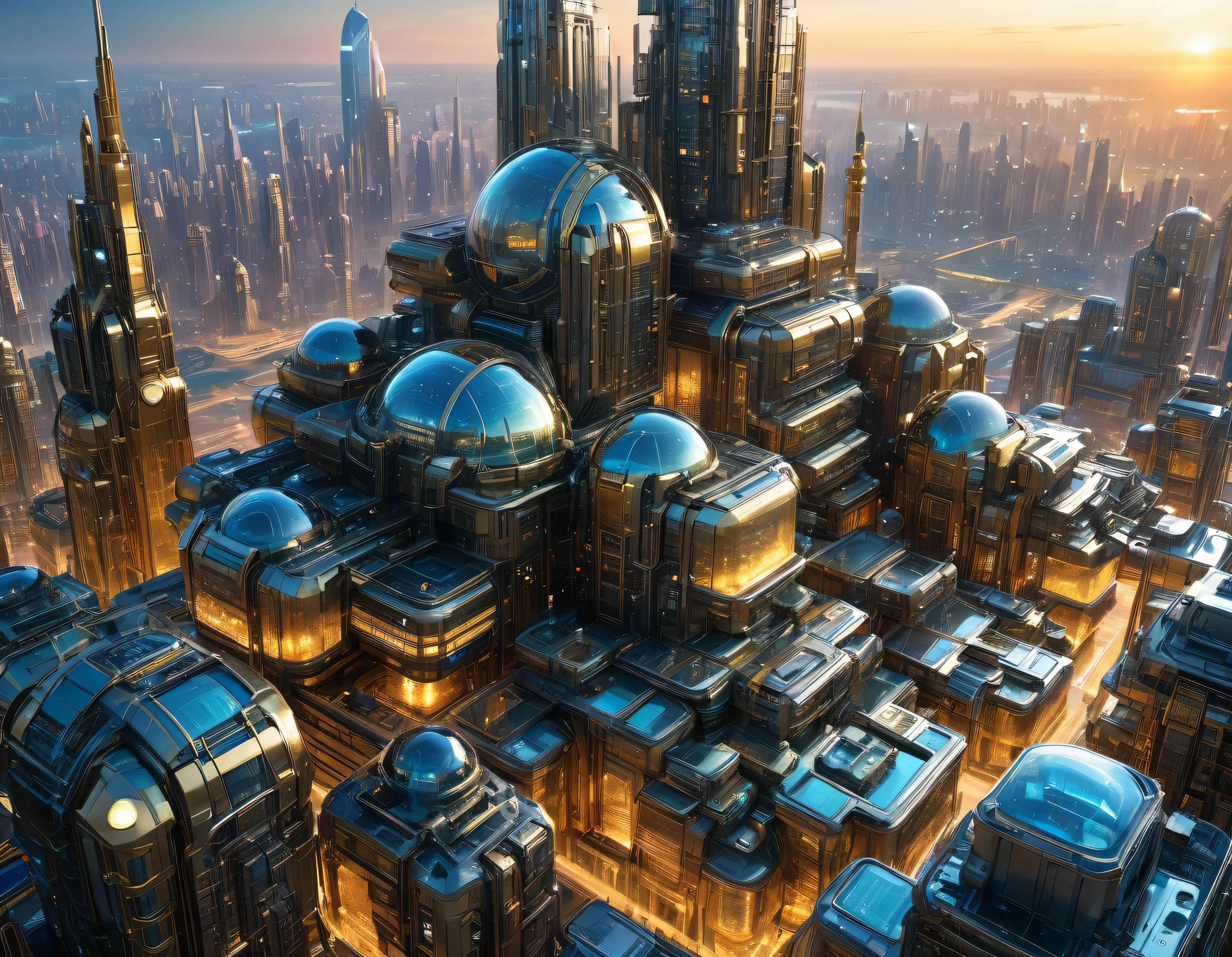(golden hour lighting),en un planeta helado hay una megacity, megalopolis of an imaginary world of science fiction and maximum fantasy, con inmensos edificios ovalados y dodecaedricos agrupados de metal y cristal donde predomina los anuncios luminosos de colores. imagen bien definida 8k, (intrincados detalles de la maquina), con muchos edificios juntos.(obra maestra de superior calidad).(imagen fotorrealista), nitidez absoluta hasta el fondo