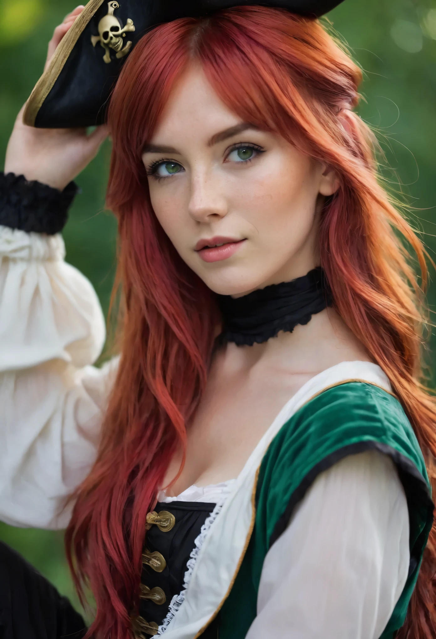 ((best quality)), ((detailed)),(masterpiece), ((cute perfect face, young 18 years old girl, skinny legs, skinny thighs, skinny waist:1.1)), ((red hair), (freckles:0.9), green eyes, ponytail red hair), pirate cosplay