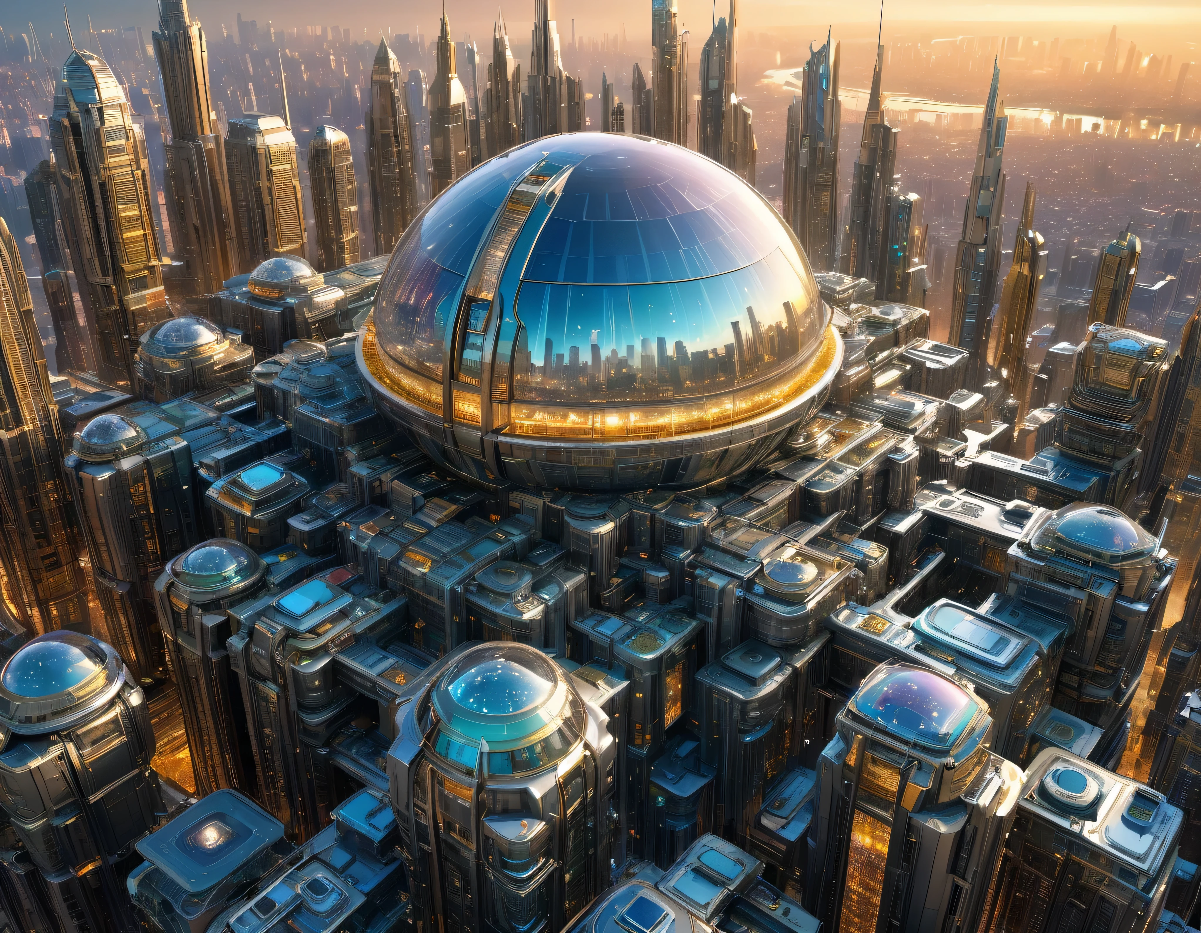 (golden hour lighting),en un planeta helado hay una megacity, megalopolis of an imaginary world of science fiction and maximum fantasy, con inmensos edificios ovalados y dodecaedricos agrupados de metal y cristal donde predomina los anuncios luminosos de colores. imagen bien definida 8k, (intrincados detalles de la maquina), con muchos edificios juntos.(obra maestra de superior calidad).(imagen fotorrealista), nitidez absoluta hasta el fondo