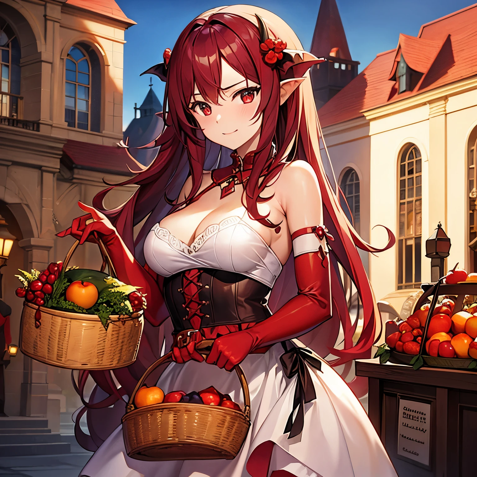 Red skinned succubus holding a basket of fruit in the town square