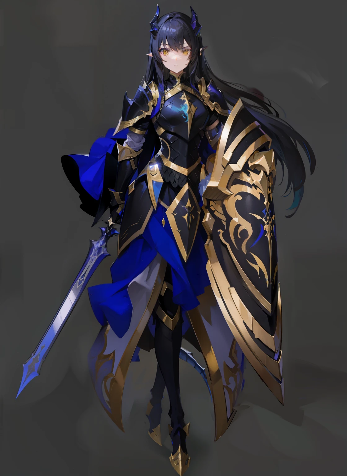 female paladin, black and gold armor, long hair, dragon girl, horns, scales