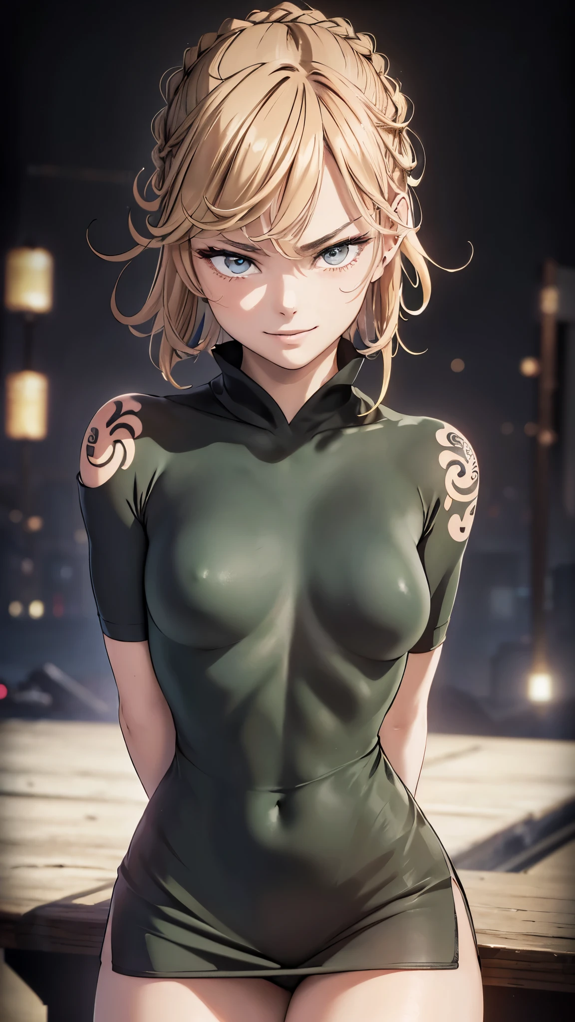 (beautiful 19-year-old Only One girl(Tatsumaki from One Puch Man)),(model figure),(small breasts),(short haircut,long braid down the back),(Black hair),(smile),(wearing her dress, heavily torn in some places),(fighting stance),(a gang),(tattoos)。(best quality,4k,8k,highres,masterpiece:1.2),ultra-detailed,(realistic,photorealistic,photo-realistic:1.37),HDR,UHD,studio lighting,ultra-fine painting,sharp focus,physically-based rendering,extreme detail description,professional,vivid colors,bokeh,concept artists