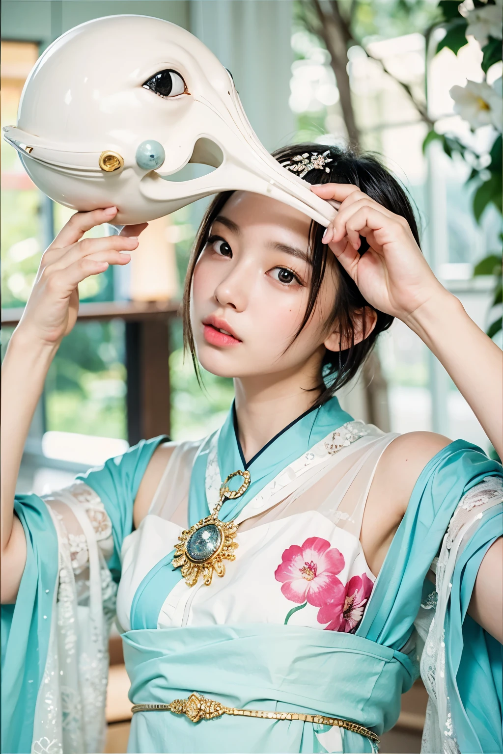 (Best quality, 8k, 32k, Masterpiece, UHD:1.2) "Generate a captivating artwork featuring a young Japanese girl model with short, sleek black hair styled in a chic bob haircut. Envision her bathed in dramatic cinematic lighting, creating an atmosphere of allure and mystery. Emphasize a romantic aesthetic vibe, showcasing the model in a poised and elegant pose that evokes a sense of intimacy and sophistication. Utilize warm and soft tones to enhance the romantic ambiance, and consider incorporating elements like flowing fabrics or flowers to add a touch of ethereal beauty. Capture the essence of romance and beauty through the model's expression, the play of light and shadows, and the overall aesthetic, creating a visually compelling and emotionally resonant piece." (perfect eyes), flawless skin, flawless face, cinematic, tight body, ((well-proportion female hands)), ((female hands with five digits)) ((Body is well proportioned)), ((chic bob haircut)),