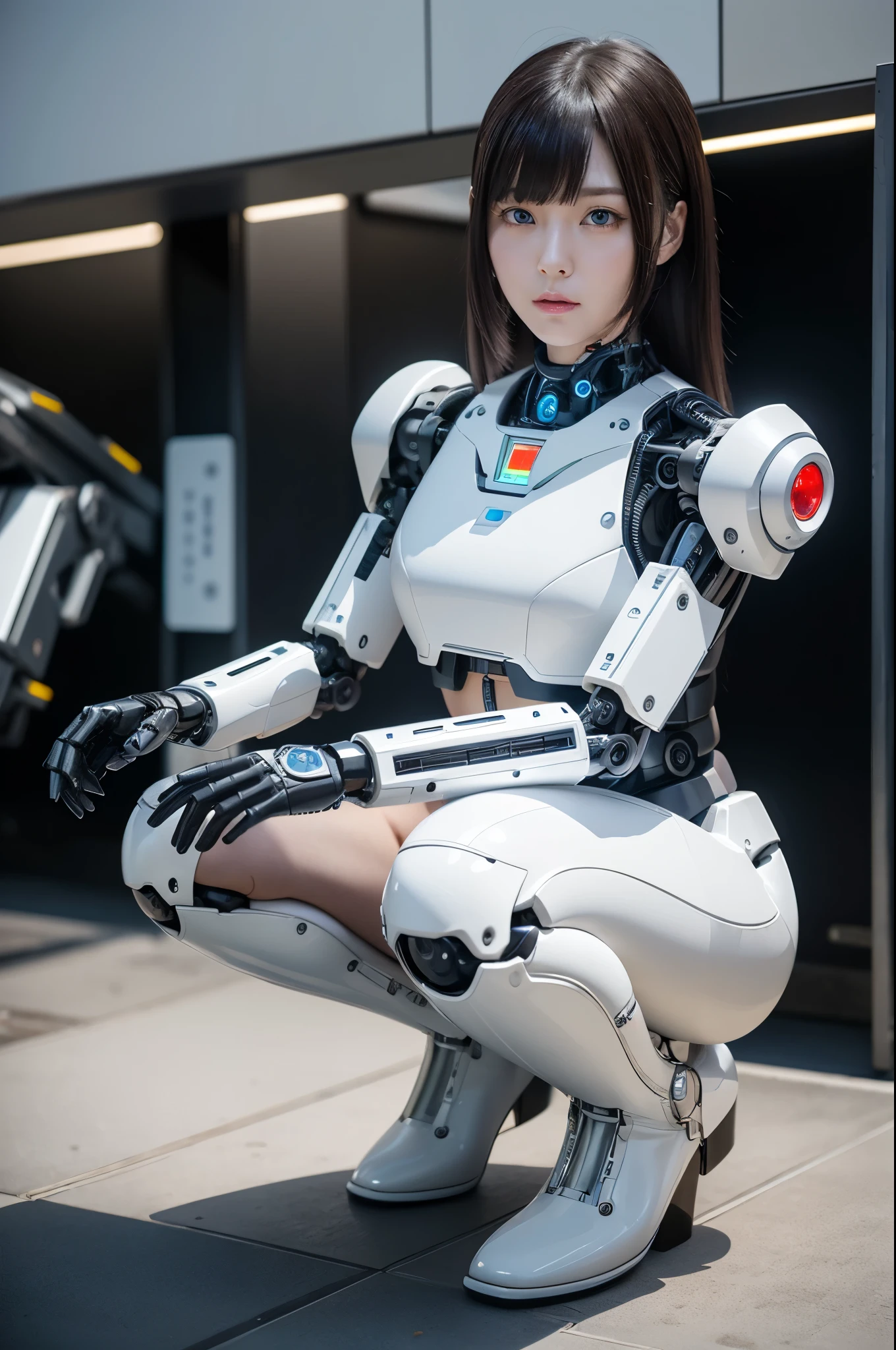 masterpiece, best quality, extremely detailed, Japanese android girl,Plump,control panels,Squat,Mechanical Hand,Robot arms and legs, black sponge joints,blunt bangs,white robot body,ceramic body,white long boots,perfect cyborg girl,charging spot,She is charging now,blue eyes