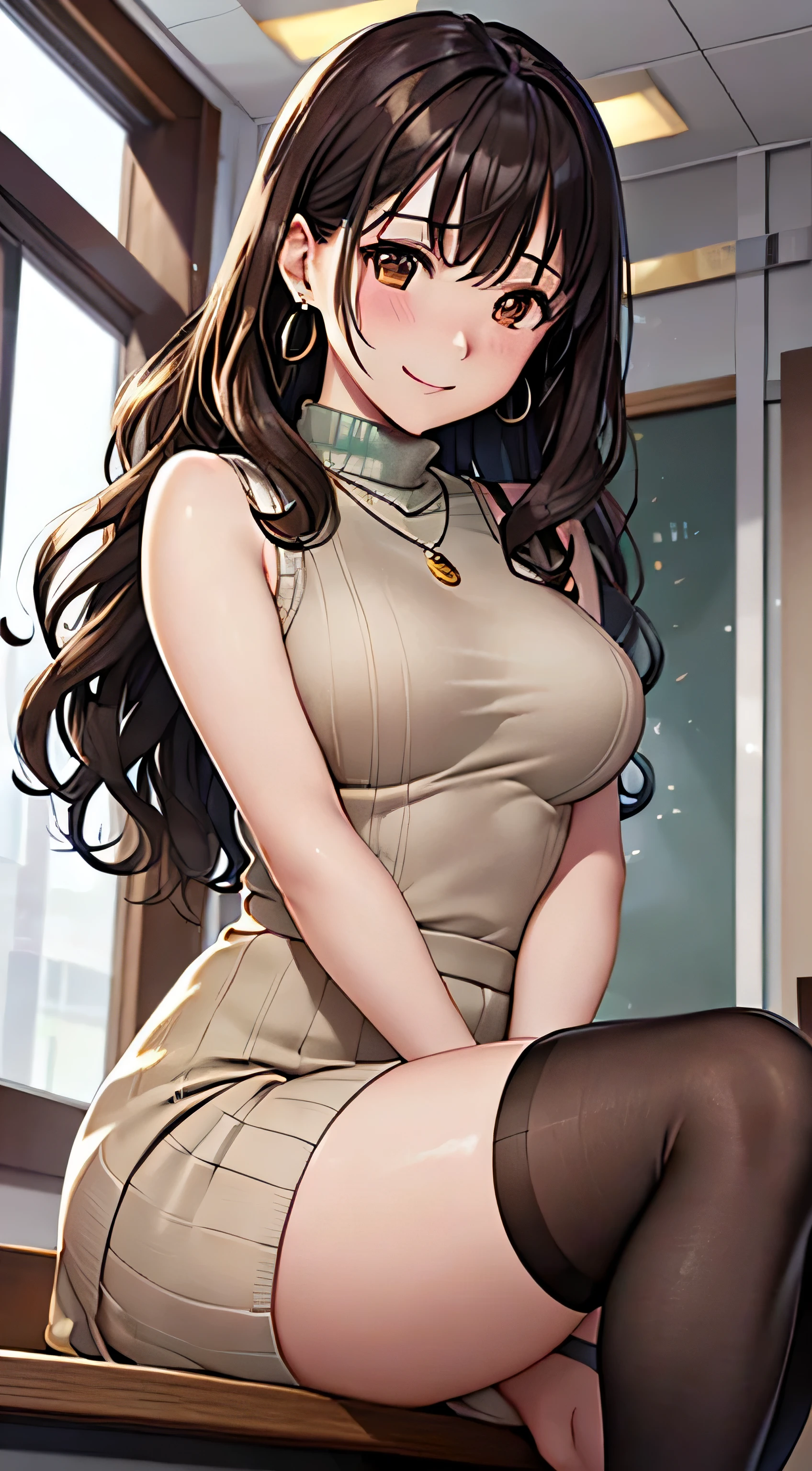 (table top, highest quality, High resolution, , perfect pixel, 4k,), 1 girl, single, alone, Beautiful woman、I could see the whole body、 ((wavy middle hair, bangs, brown hair)), ((brown eyes, beautiful eyelashes, realistic eyes)), ((detailed face, blush:1.2)), ((smooth texture:0.75, realistic texture:0.65, realistic:1.1, Anime CG style)), medium breasts, dynamic angle, perfect body, ((, female teacher, , earrings、necklace、white sleeveless turtleneck sweater、beige flared skirt、black knee high stockings、open both legs wide、get down on one knee、shy smile)), upper grade、、、evening、sit at desk、Bring your arms together to emphasize your chest、(、()、angle from below)、