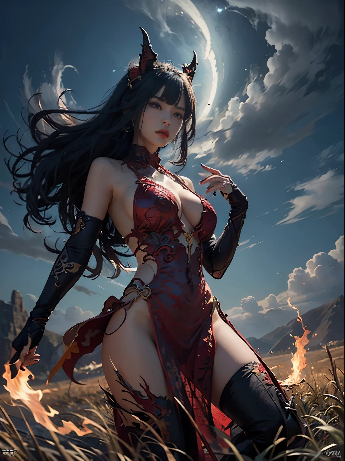 (The main subject: wide wide shot), The flame light blue,[Dark Red colored,(Chinese dragon anthropomorphism)], salama,dramatic clouds,(Deep in the field), rich details​, (Wide sky), (sense of vastness),Energy and vitality, Complicated details.(Best quality at best, A high resolution, tmasterpiece:1.2), (actual:1.37), HighDynamicRange。
