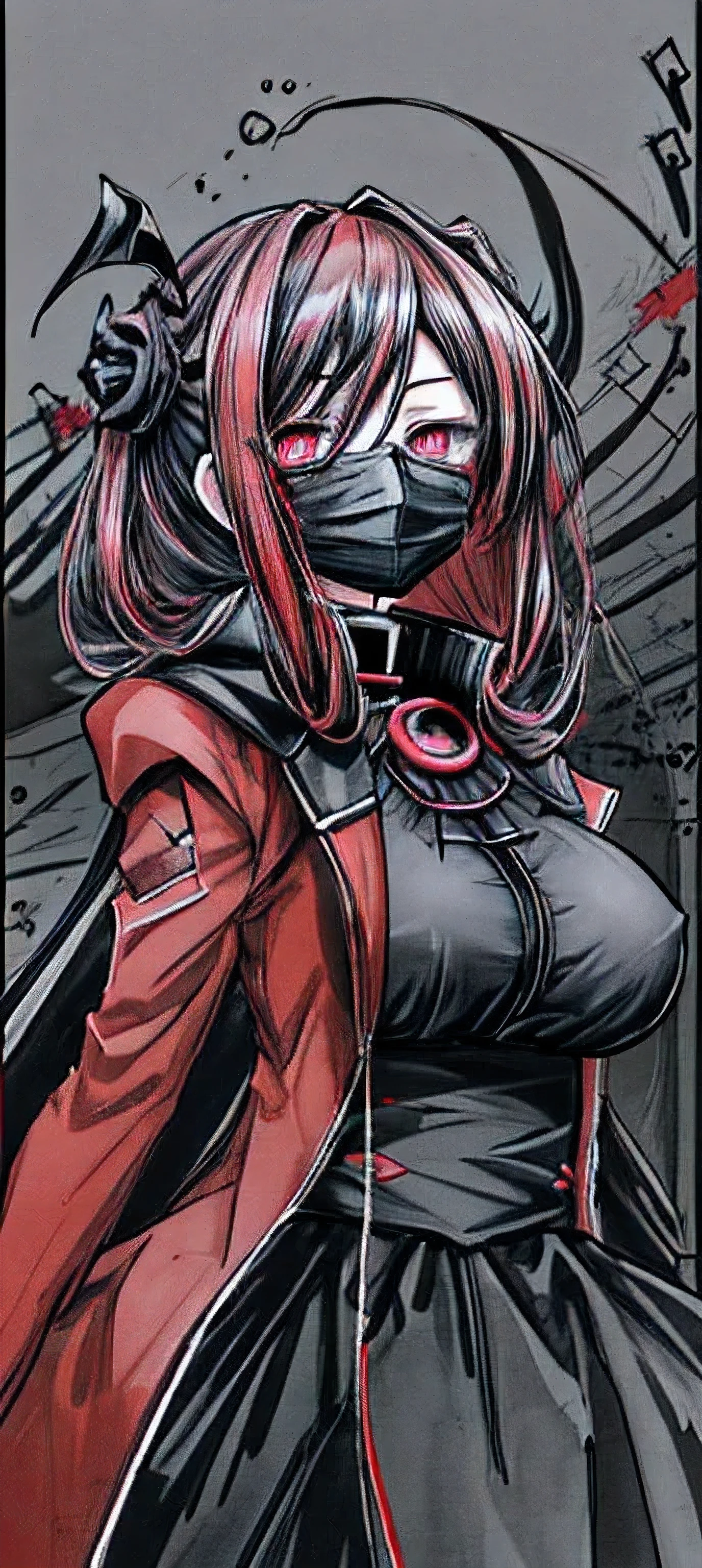 (masterpiece, top quality, best quality, beautiful and aesthetic:1.2), yiga clan, yiga clan footsoldier, yiga clan blademaster, mask, masked, latex, bodysuit, belt, bodysuit, red bodysuit, large breasts, skin tight, covered nipples, houraisan_kaguya_touhou, black hair, very_long_hair, red_eyes, hime cut