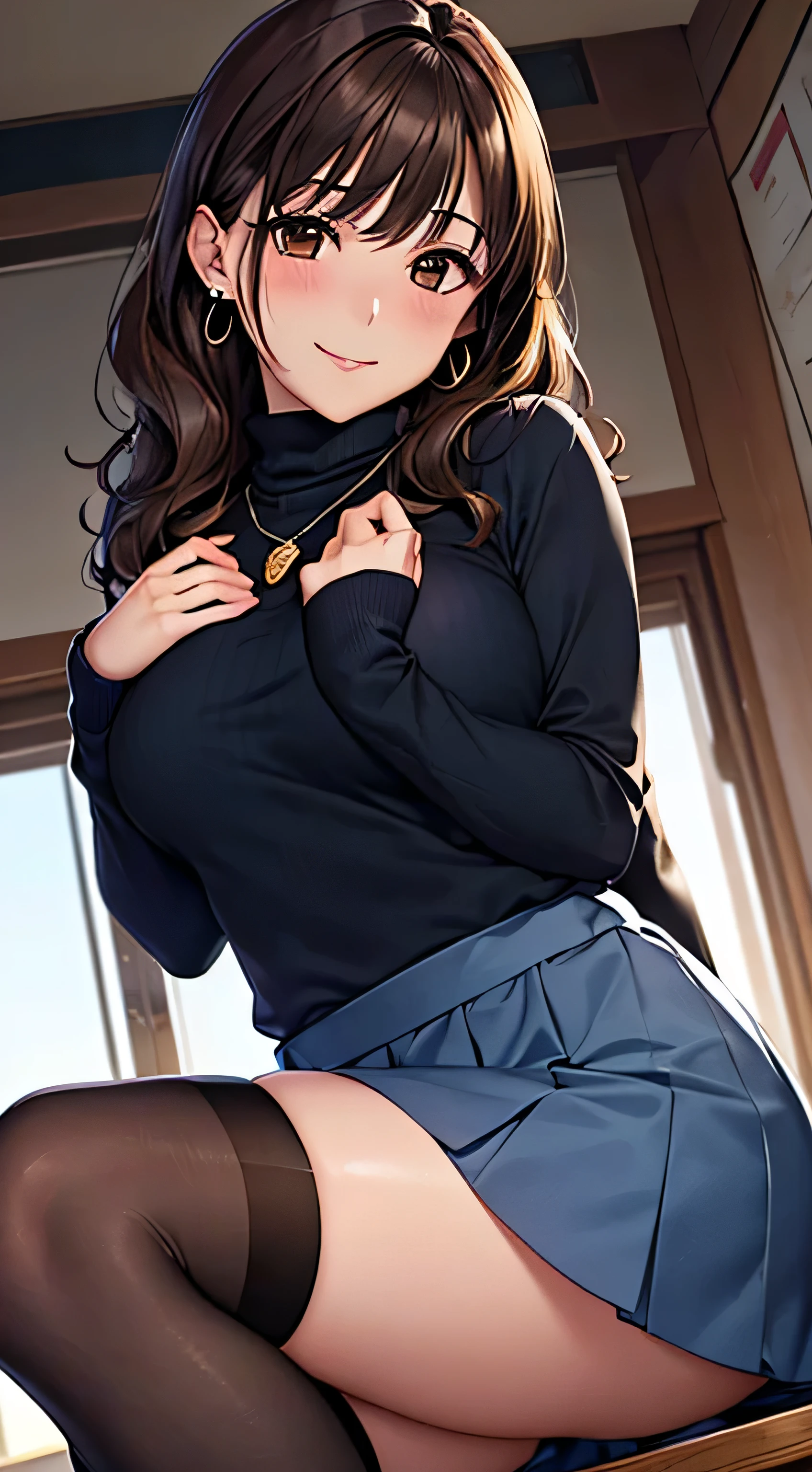 (table top, highest quality, High resolution, , perfect pixel, 4k,), 1 girl, single, alone, Beautiful woman、I could see the whole body、 ((Wavy mid-hair, bangs, brown hair)), ((brown eyes, beautiful eyelashes, realistic eyes)), ((detailed face, blush:1.2)), ((smooth texture:0.75, realistic texture:0.65, realistic:1.1, Anime CG style)), soft chest, dynamic angle, perfect body, ((, female teacher, , earrings、necklace、turtleneck sweater、Dark blue flared skirt、black knee high stockings、open both legs wide、、shy smile)), Upper grade、、、evening、sit at desk、You can see pink lace panties、(、(、Close your chest with both arms)、angle from below)、